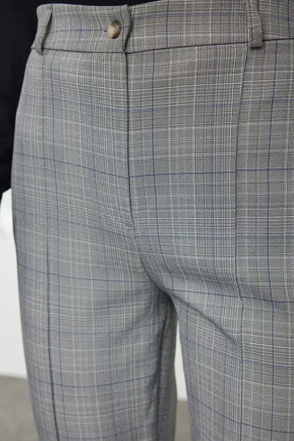 Grey Plaid Straight Woven Trousers, Grey, large image number 3