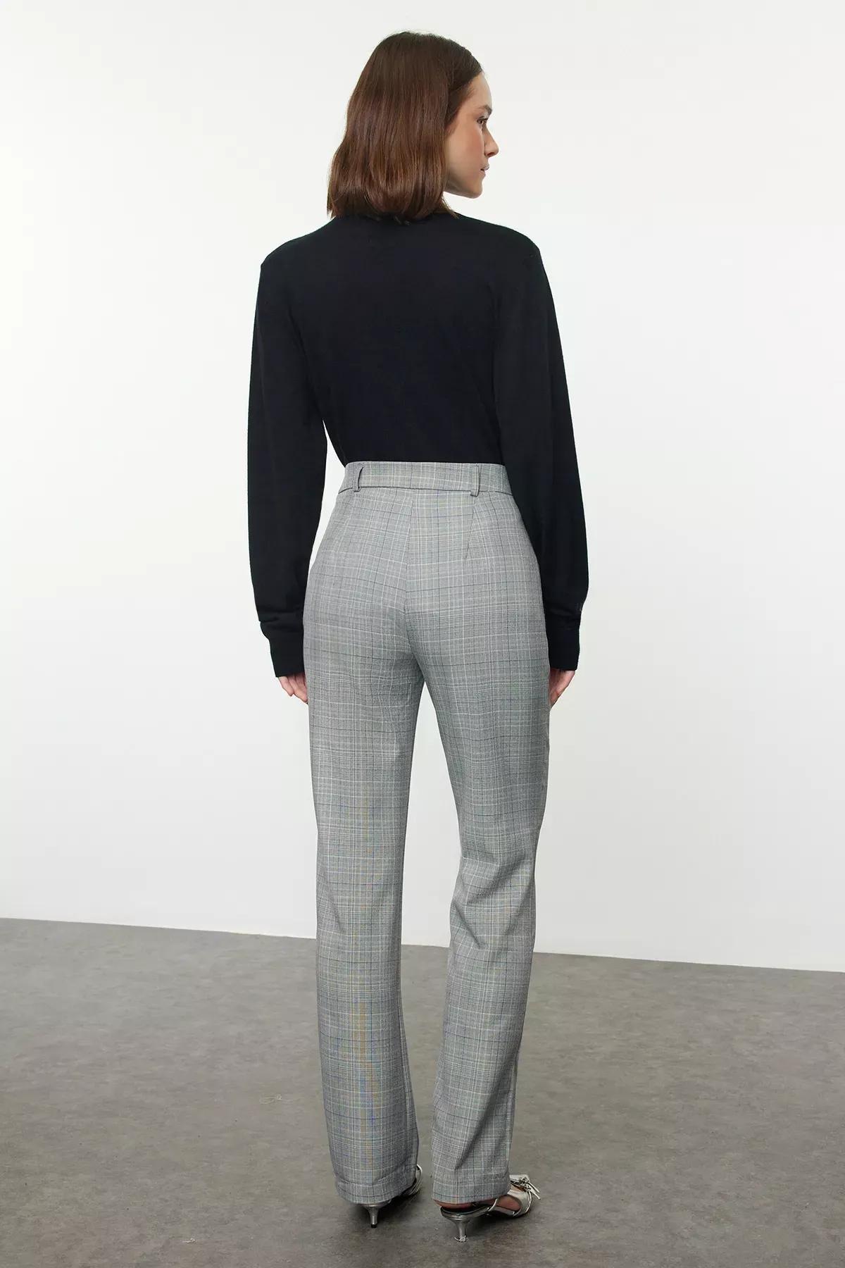 Grey Plaid Straight Woven Trousers, Grey, large image number 4