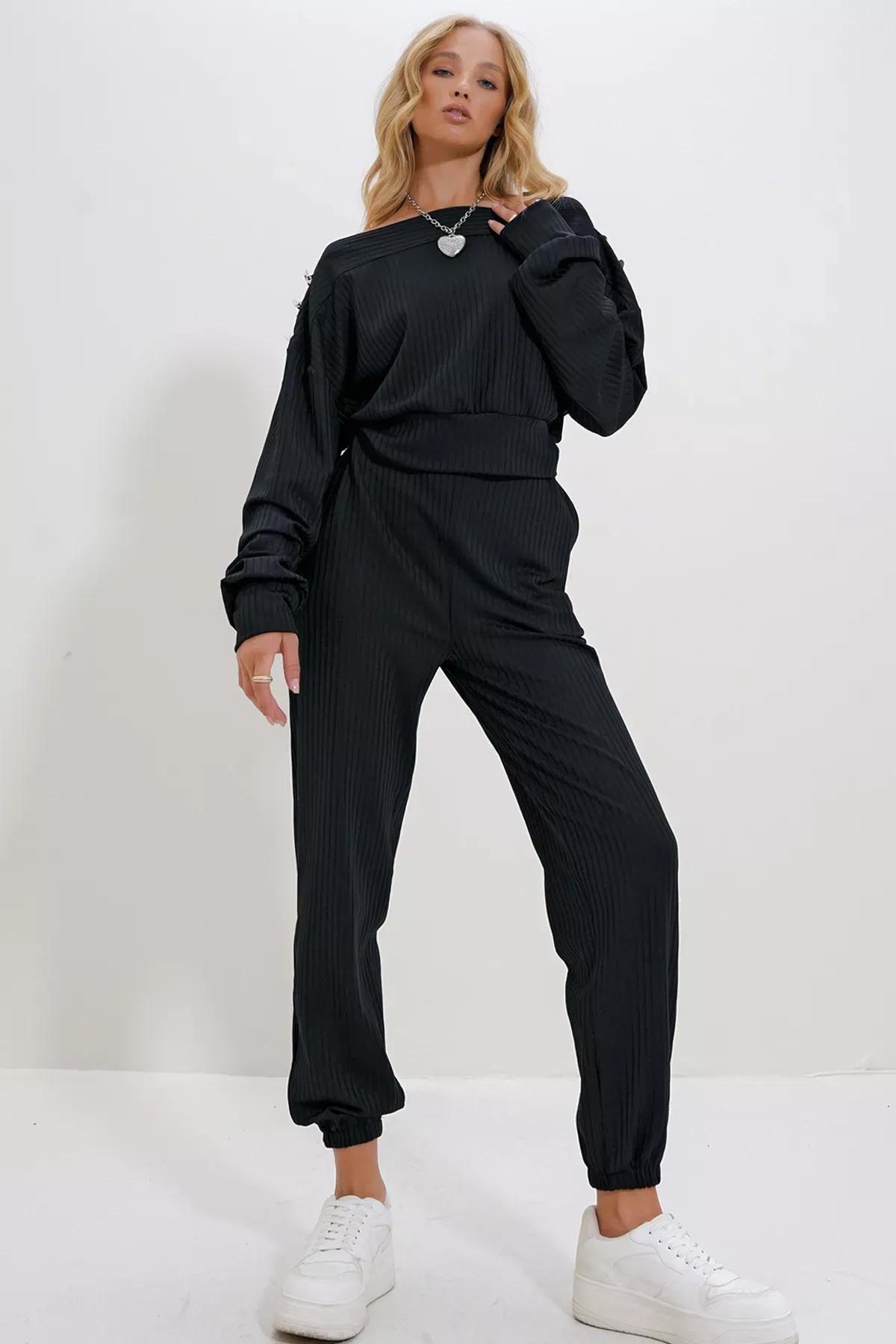 Black Button Crop Top Jogger Set, BLACK, large image number 5