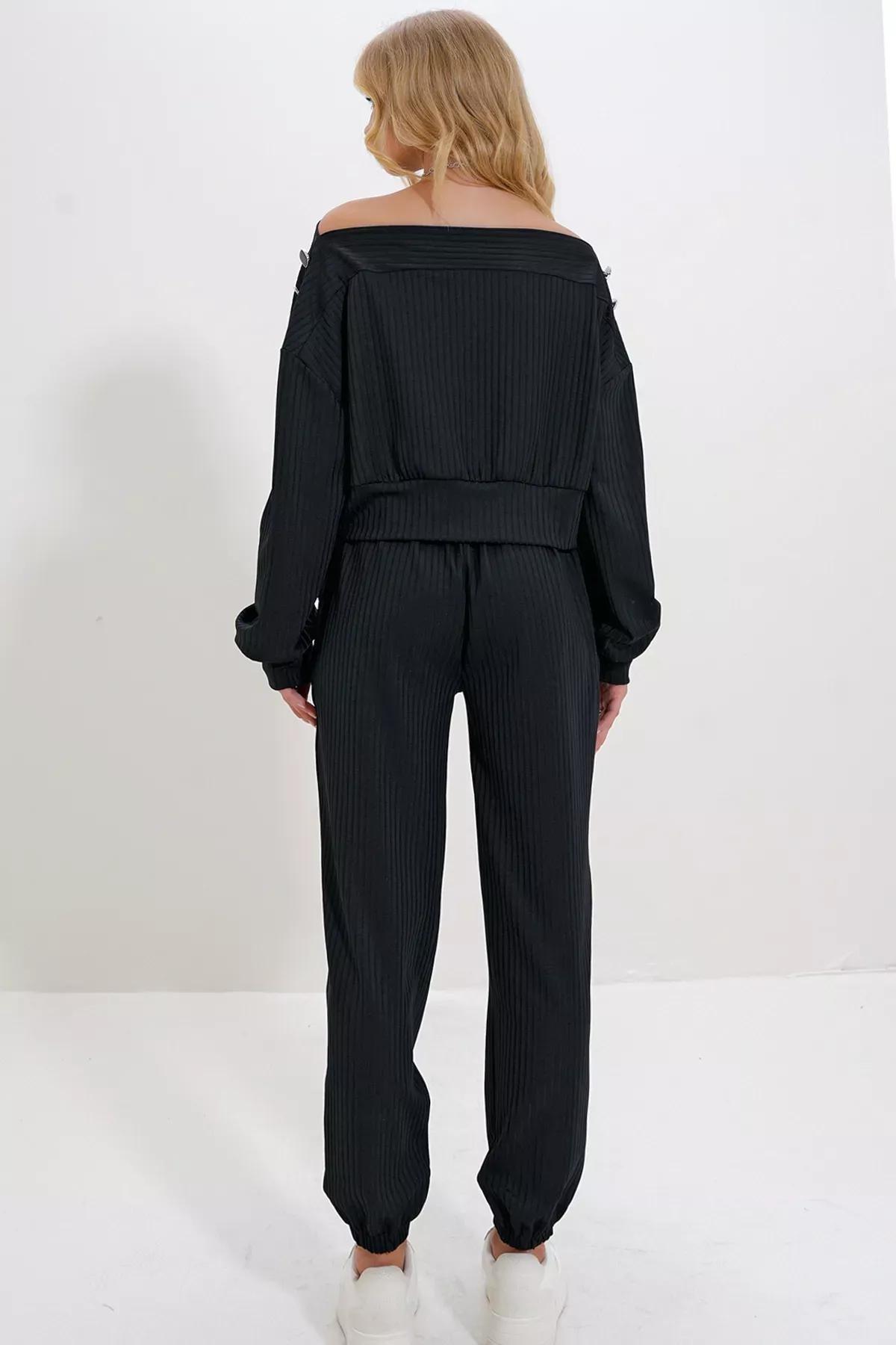 Black Button Crop Top Jogger Set, BLACK, large image number 6