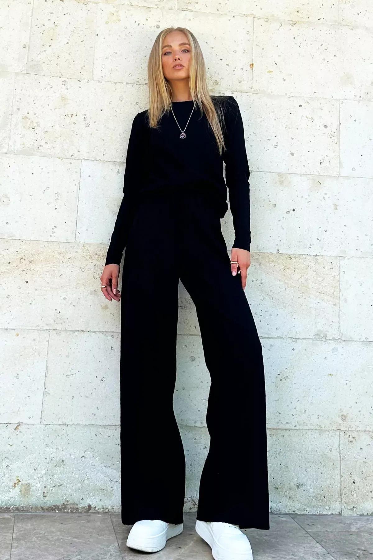Black Crew Neck Blouse Palazzo Set, , large image number 1