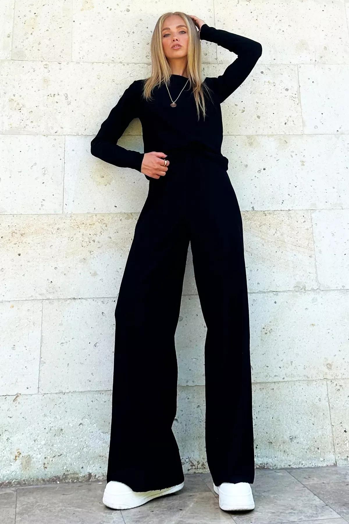Black Crew Neck Blouse Palazzo Set, , large image number 2