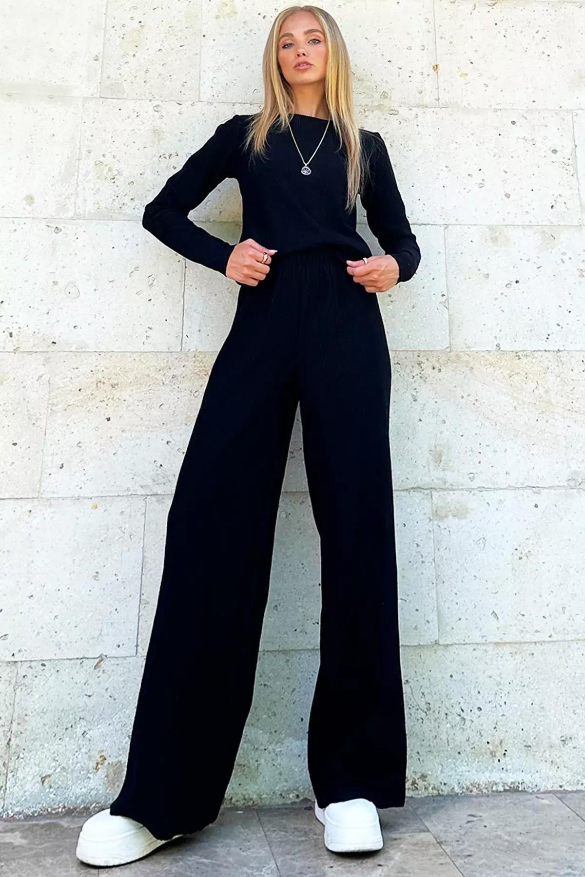 Black Crew Neck Blouse Palazzo Set, , large image number 4