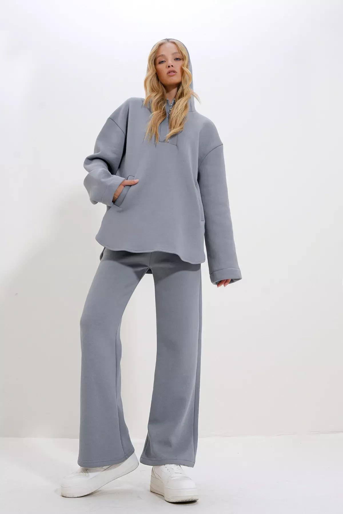 Grey Hooded Zippered Tracksuit, Grey, medium