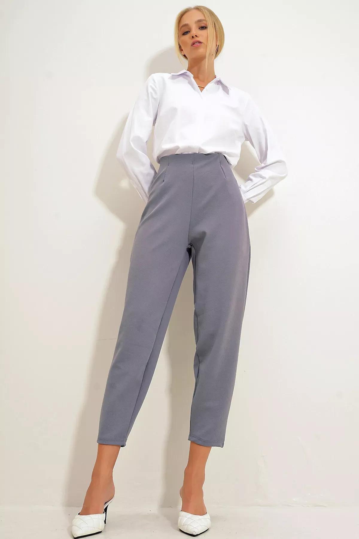 Grey High-Waist Flowy Trousers, Grey, large image number 0