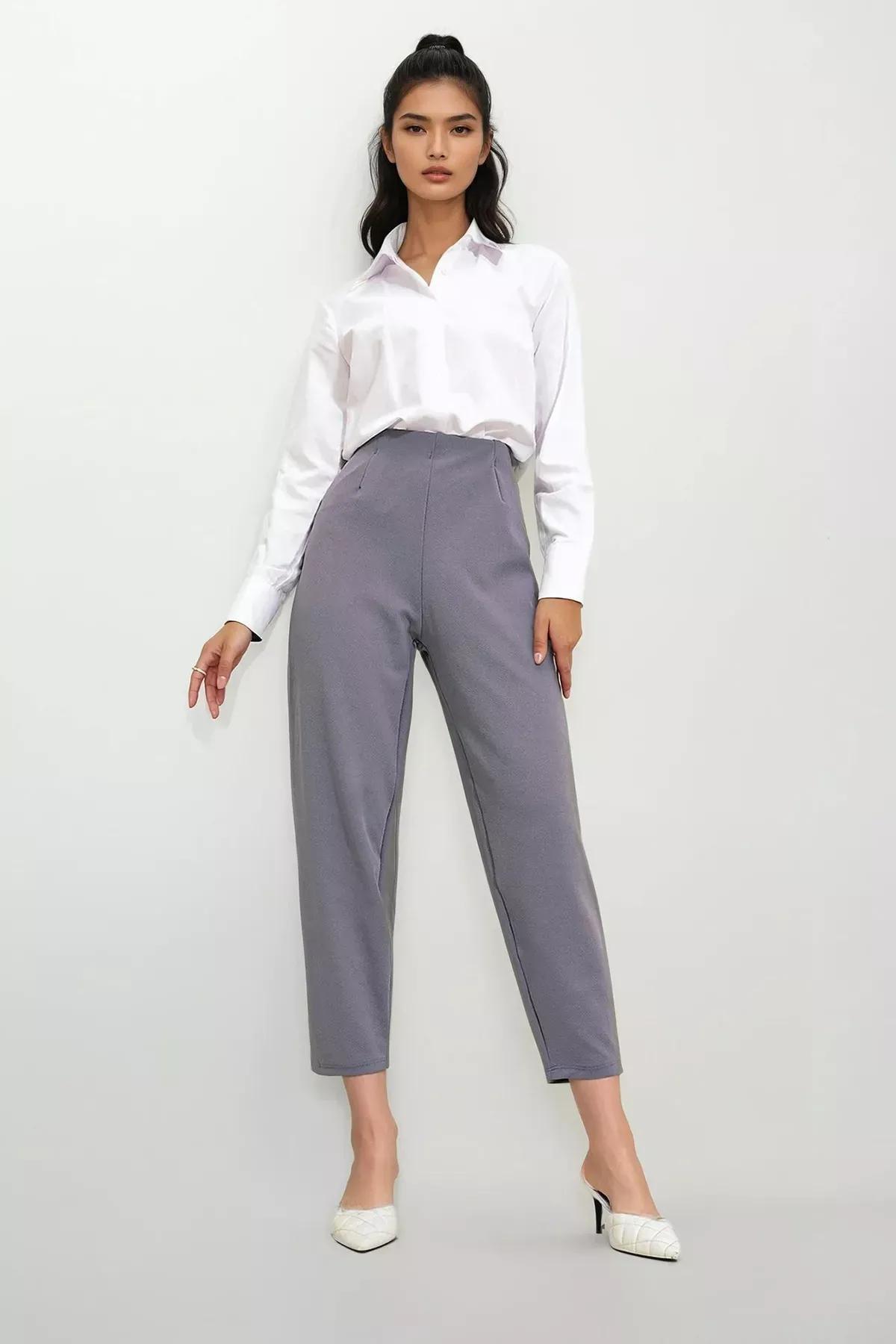 Grey High-Waist Flowy Trousers, Grey, large image number 1