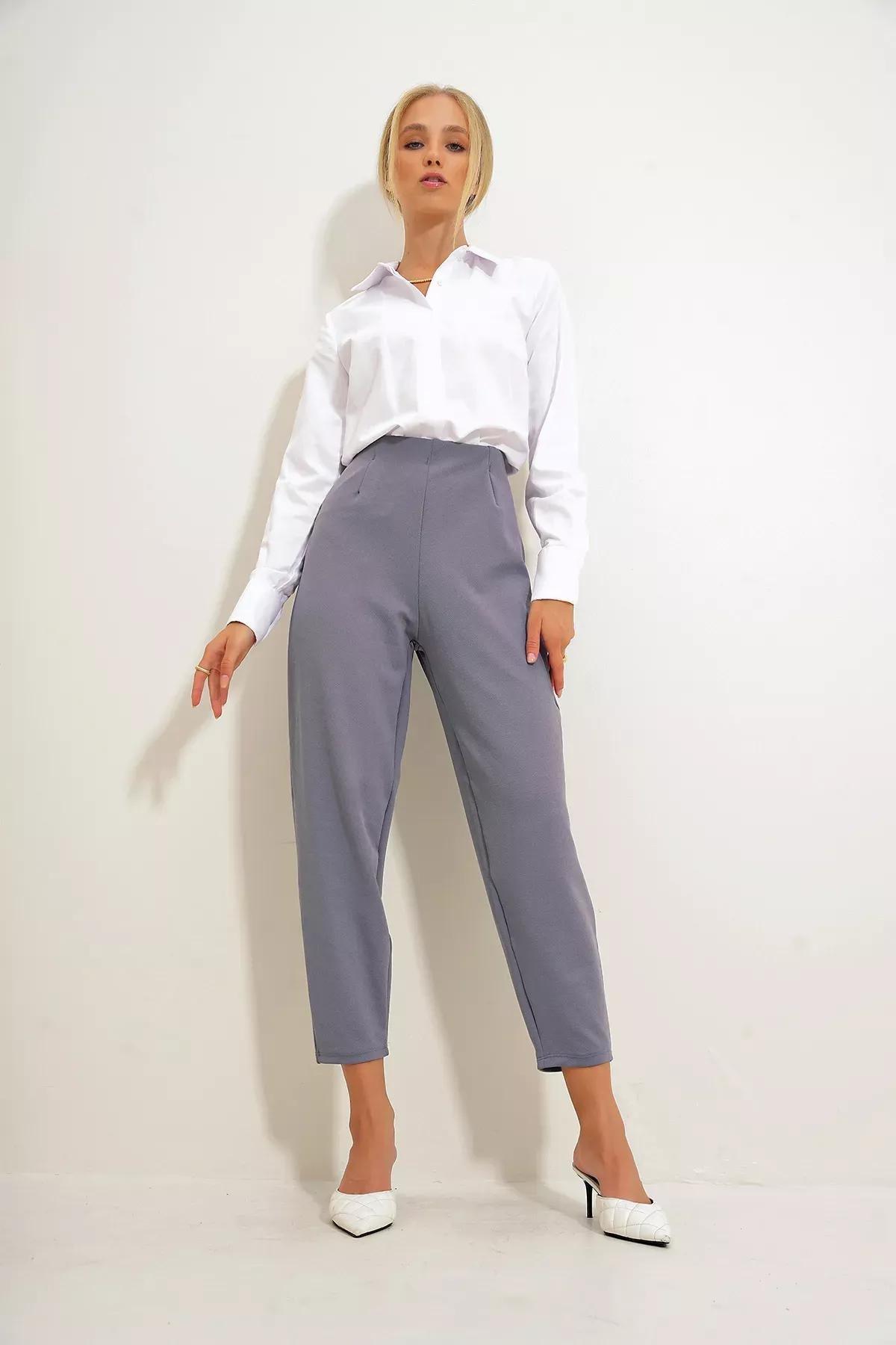 Grey High-Waist Flowy Trousers, Grey, large image number 2