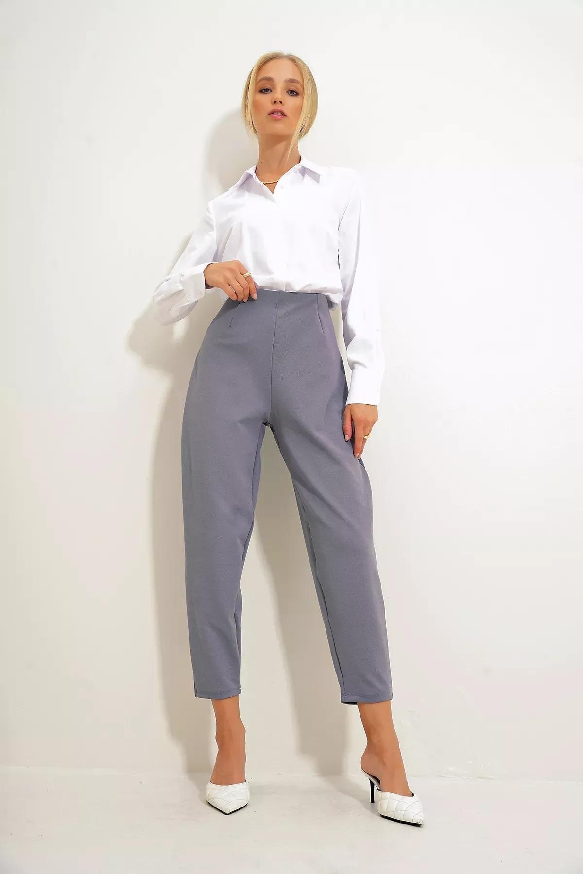 Grey High-Waist Flowy Trousers, Grey, large image number 3