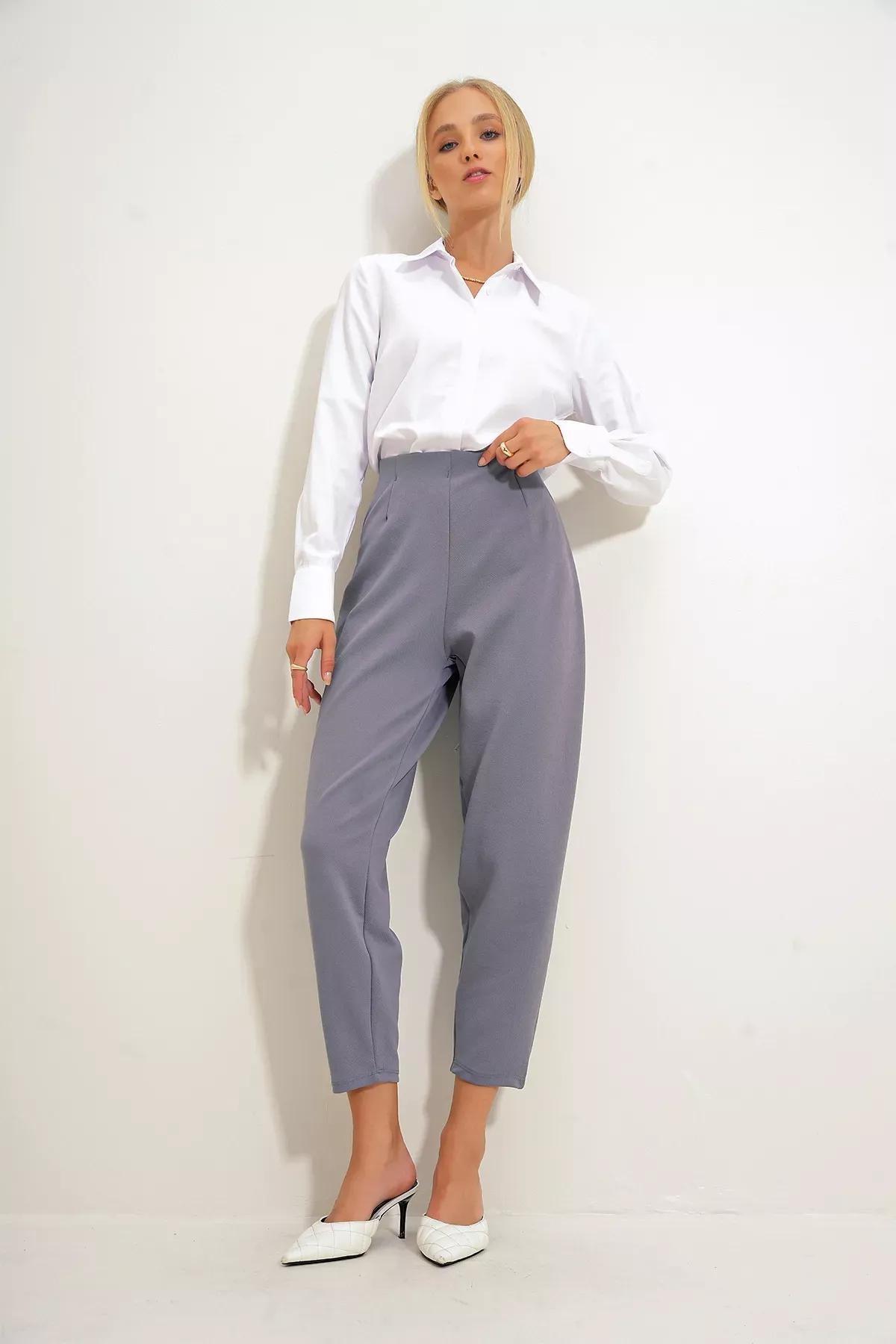Grey High-Waist Flowy Trousers, Grey, large image number 4