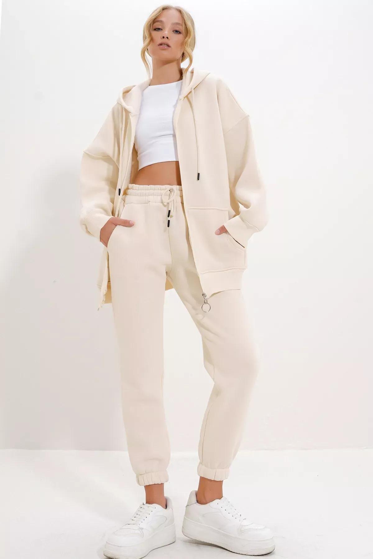 Cream Hooded Kangaroo Pocket Tracksuit, , large image number 0