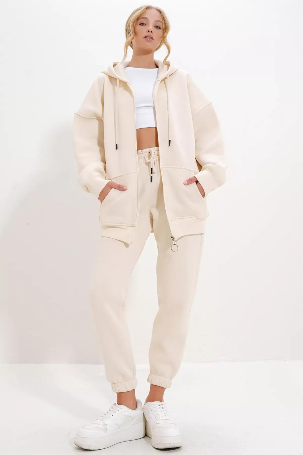 Cream Hooded Kangaroo Pocket Tracksuit, , large image number 1