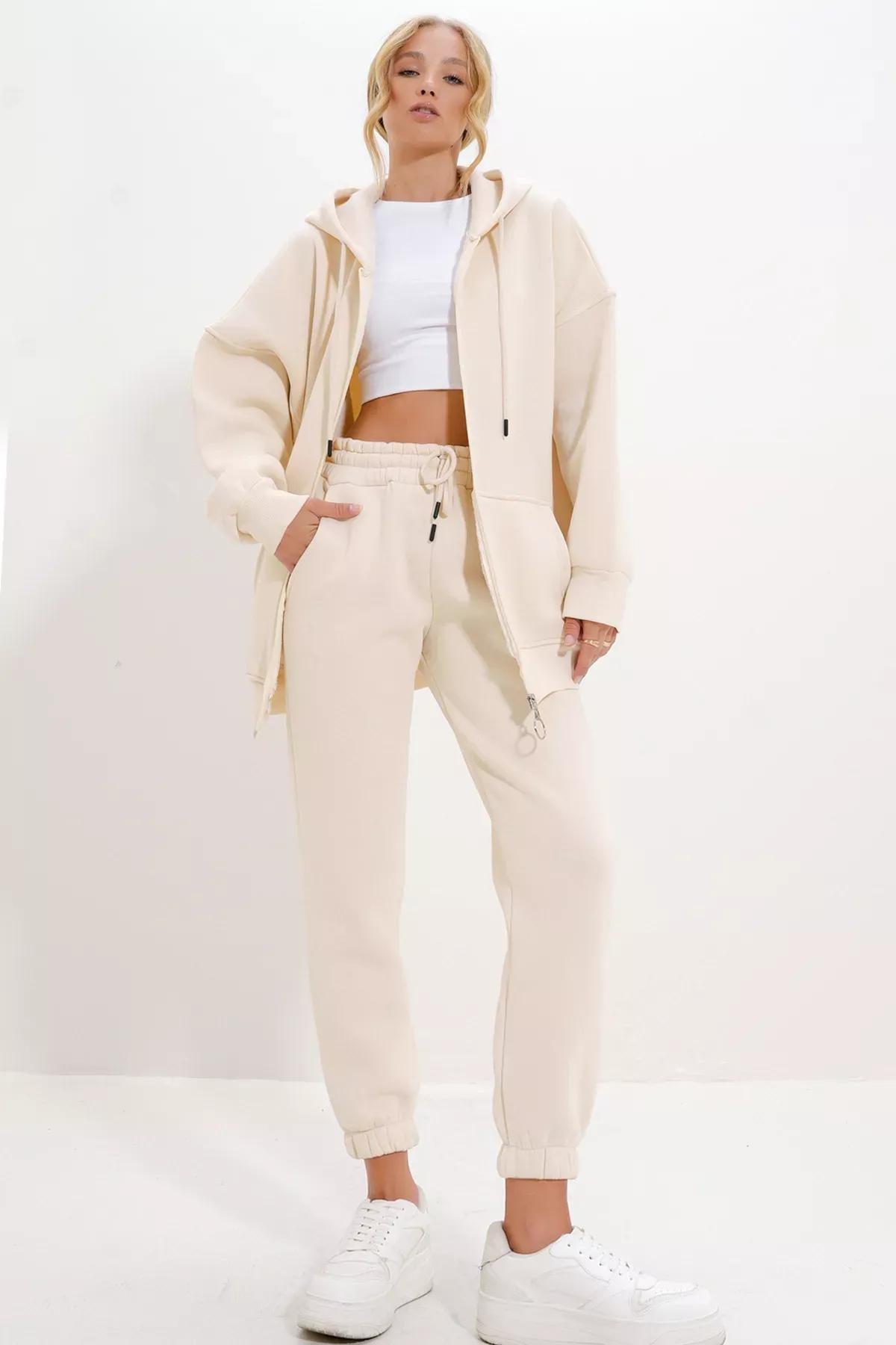 Cream Hooded Kangaroo Pocket Tracksuit, , large image number 2
