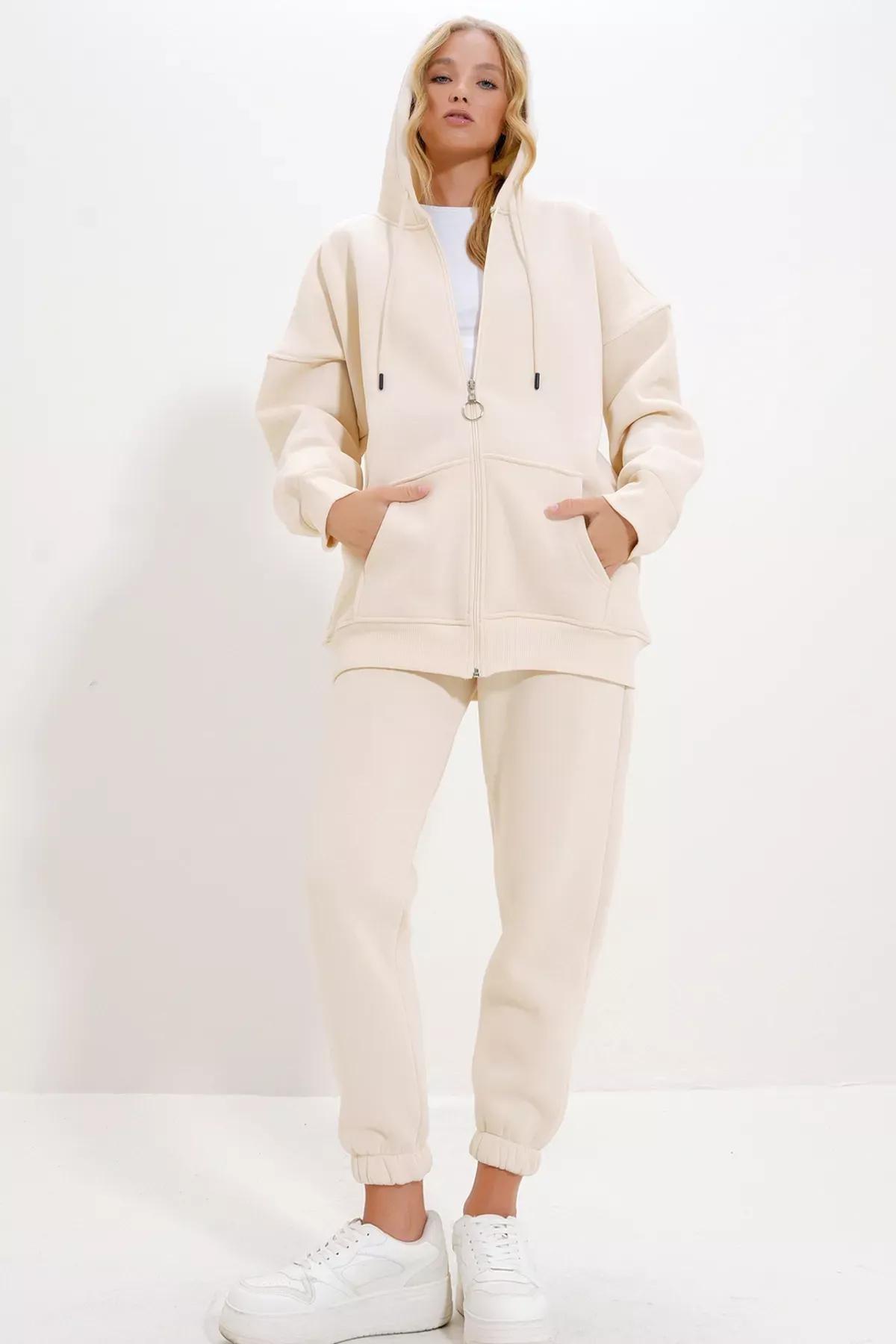 Cream Hooded Kangaroo Pocket Tracksuit, , large image number 4