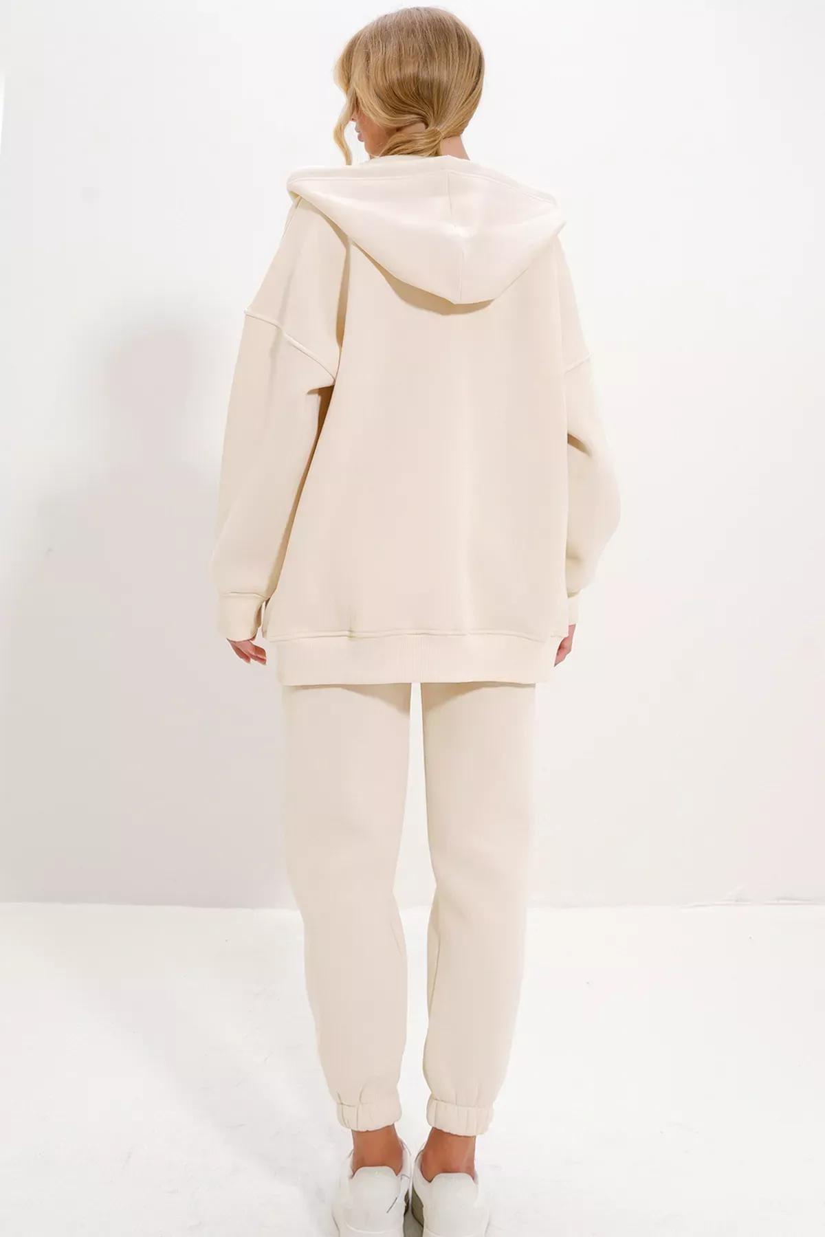 Cream Hooded Kangaroo Pocket Tracksuit, , large image number 5
