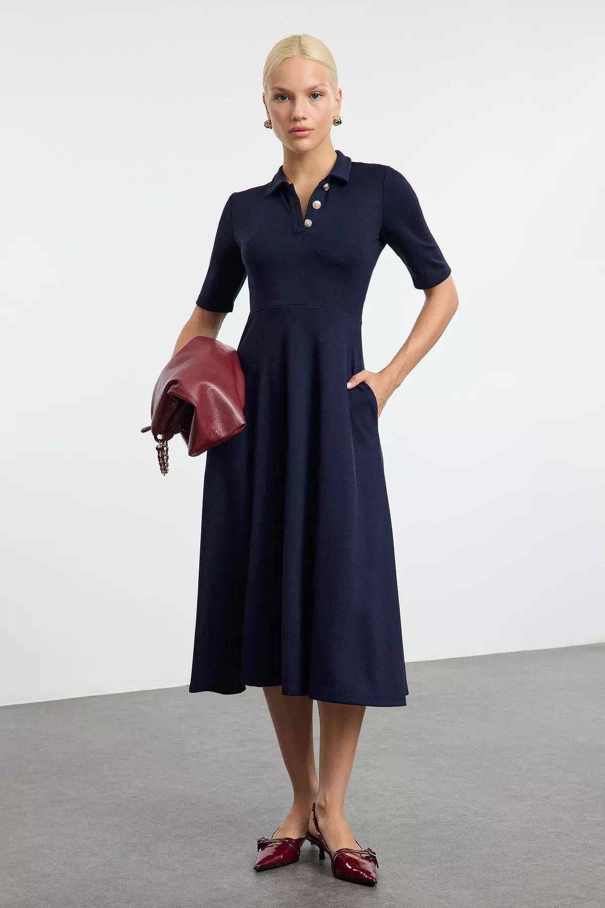 Navy Skater Midi Knit Dress, Navy blue, large image number 0