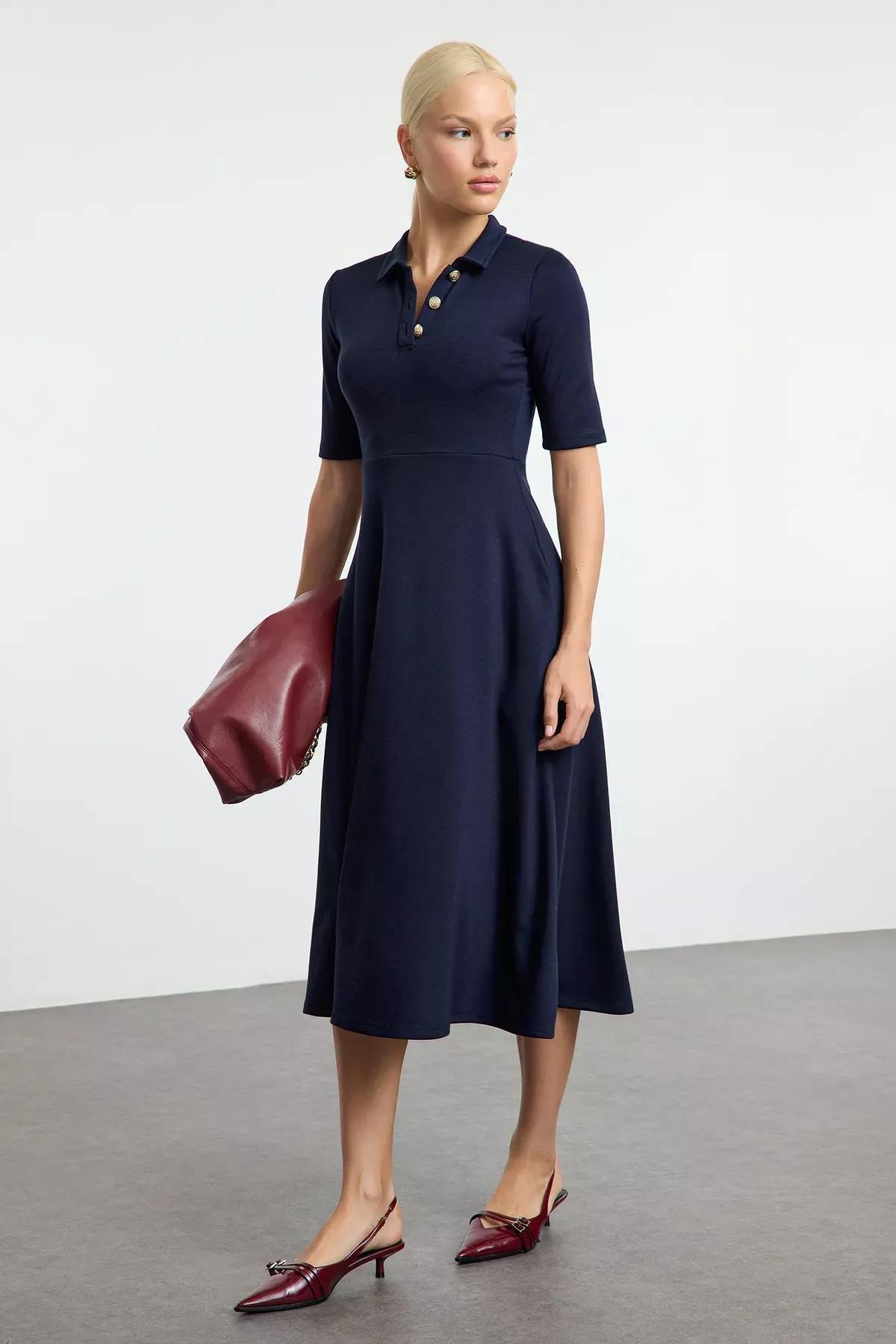 Navy Skater Midi Knit Dress, Navy blue, large image number 1