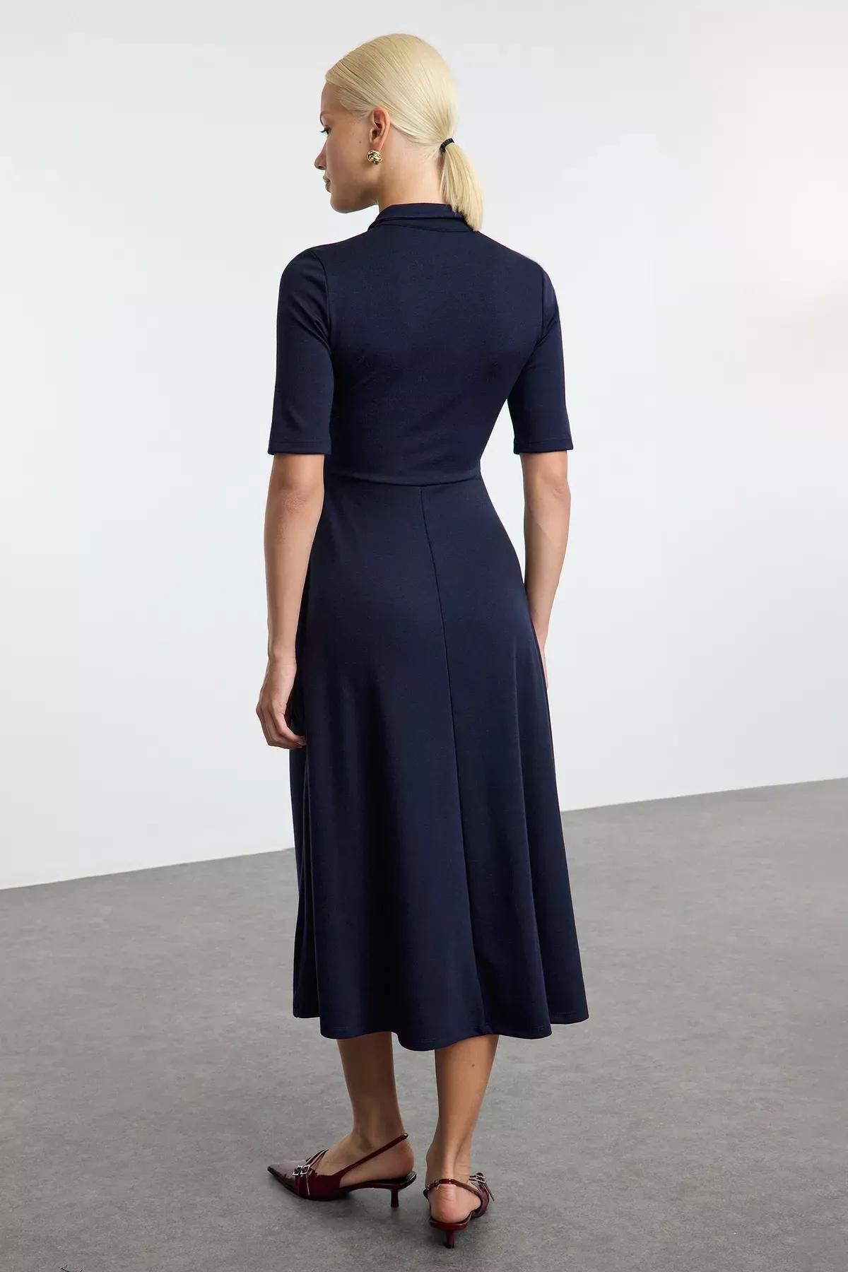 Navy Skater Midi Knit Dress, Navy blue, large image number 4