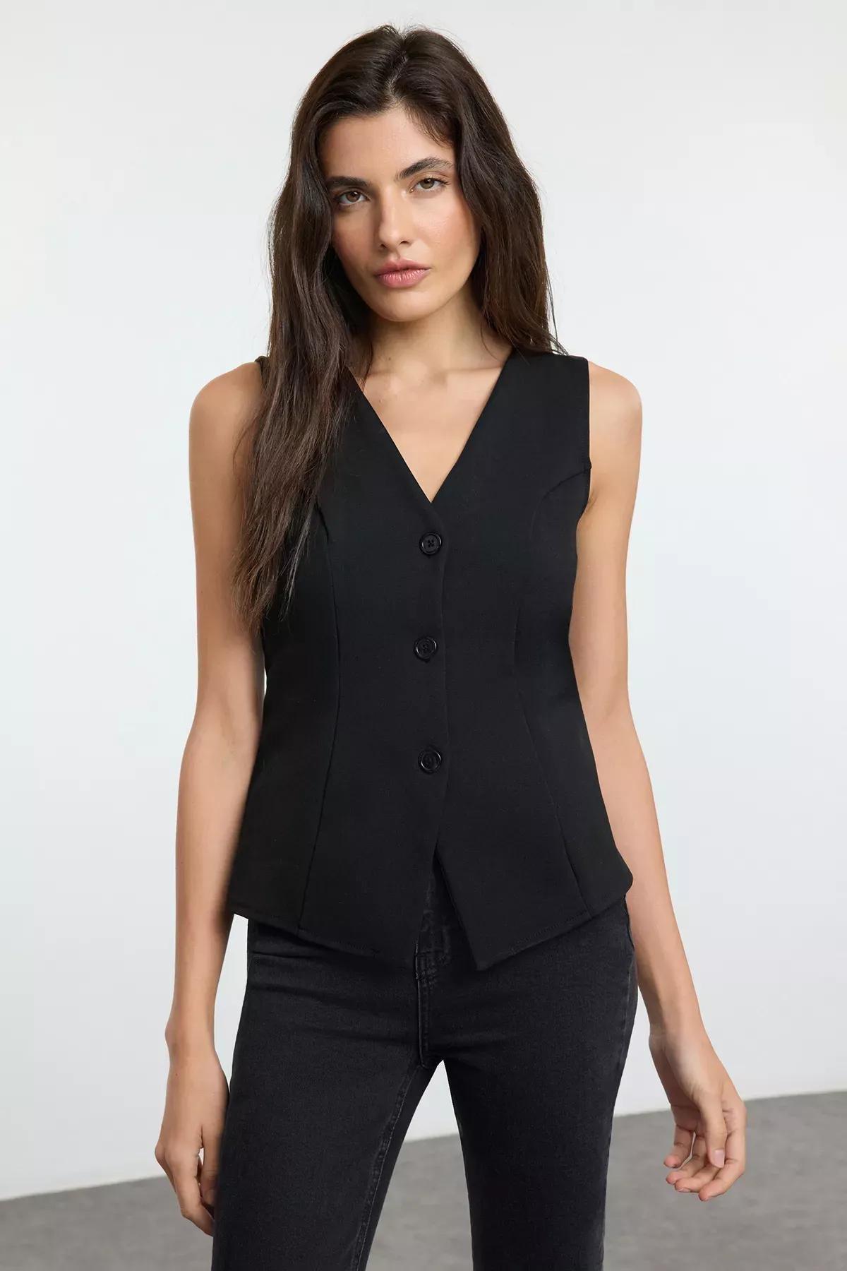 Black V-Neck Knit Vest, BLACK, large image number 1