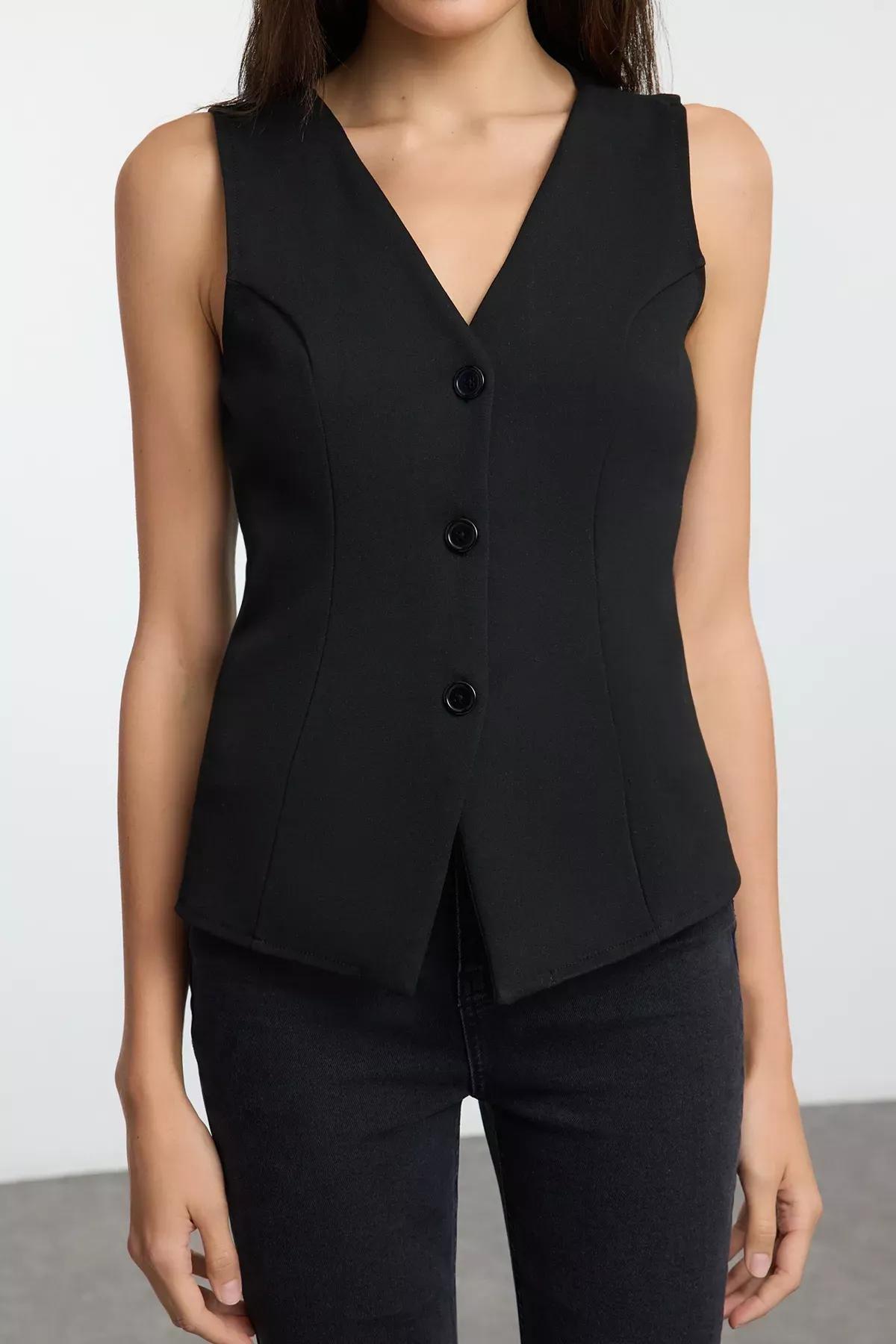 Black V-Neck Knit Vest, BLACK, large image number 2