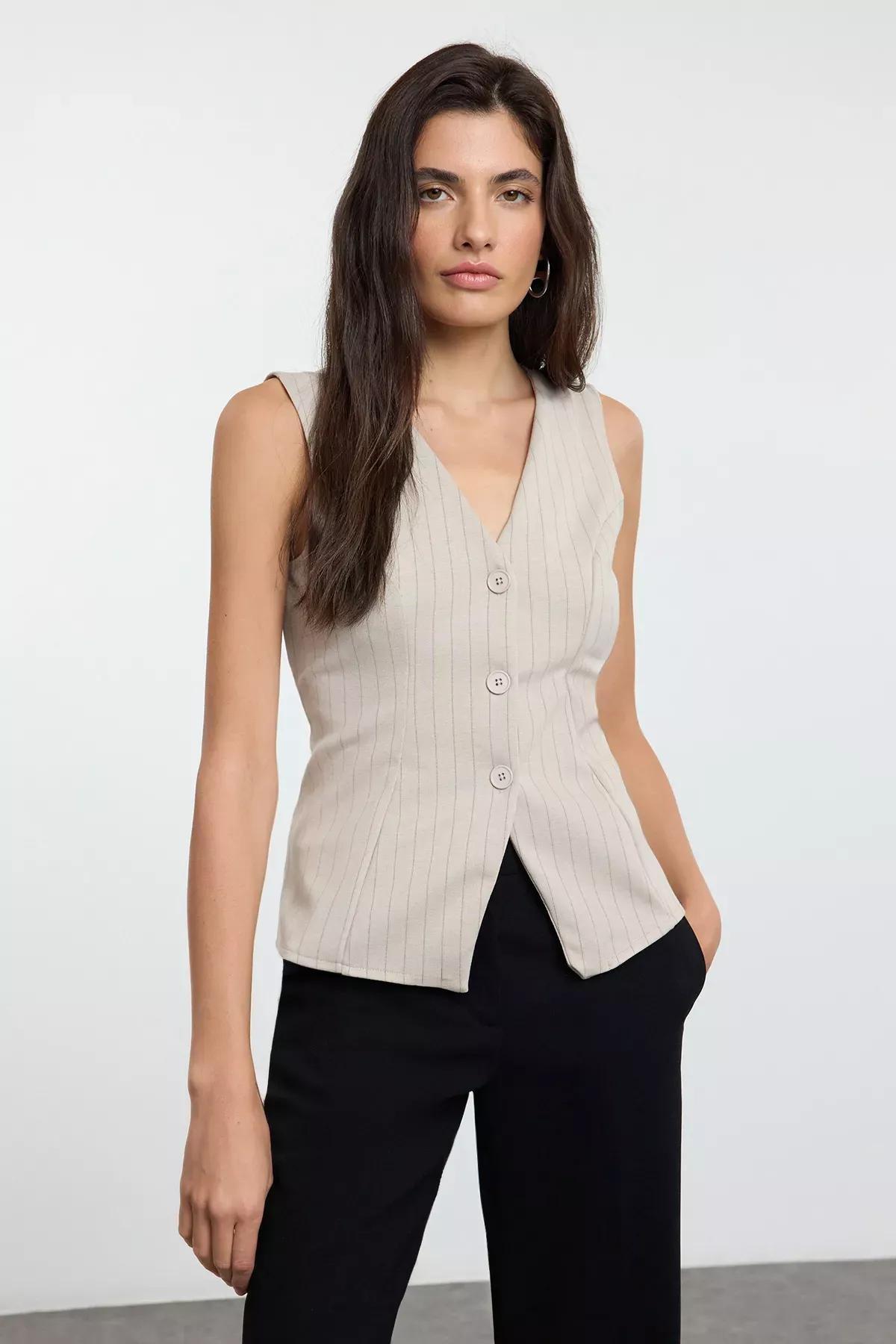 Mink Striped Regular/Normal Length V Neck Buttoned Flexible Knitted Vest TWOAW25YE00091, Mink, large image number 2