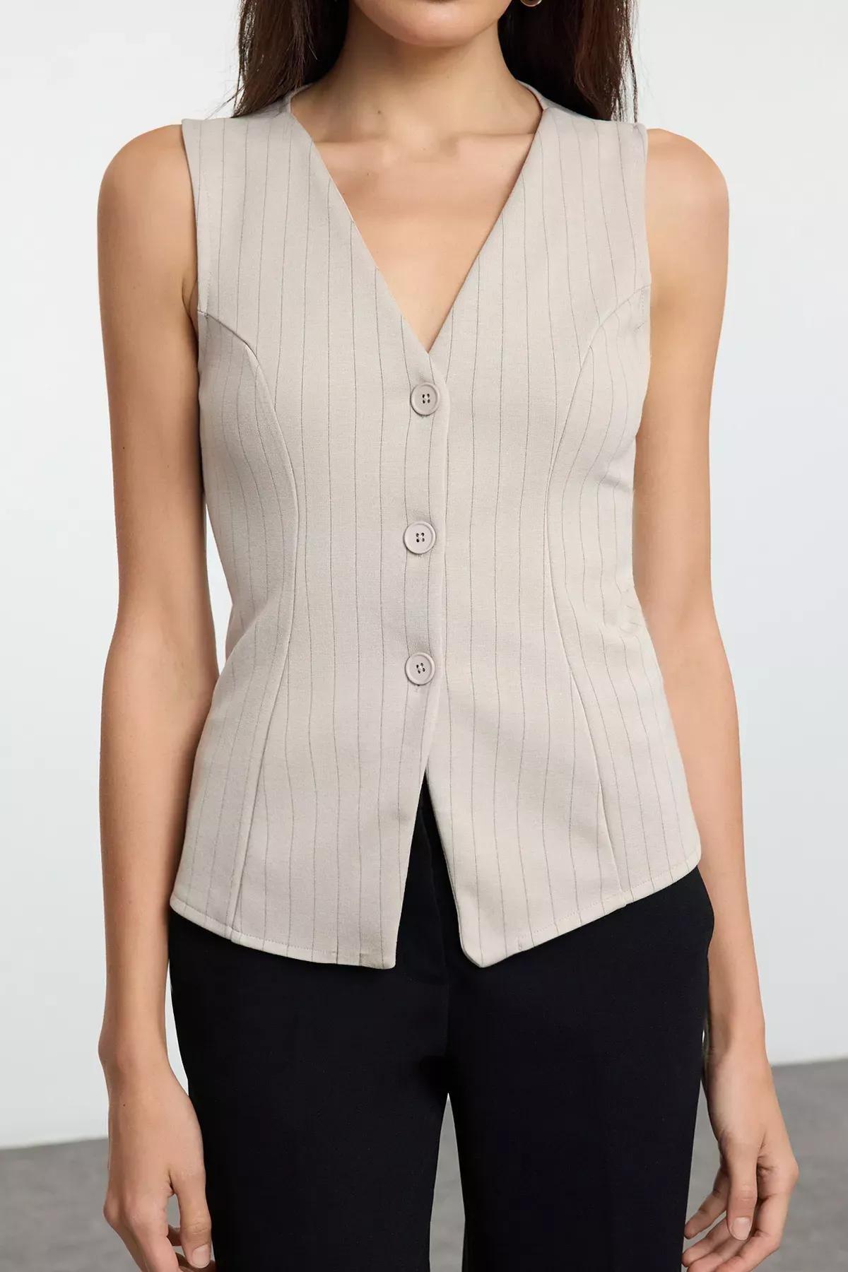 Mink Striped Regular/Normal Length V Neck Buttoned Flexible Knitted Vest TWOAW25YE00091, Mink, large image number 3
