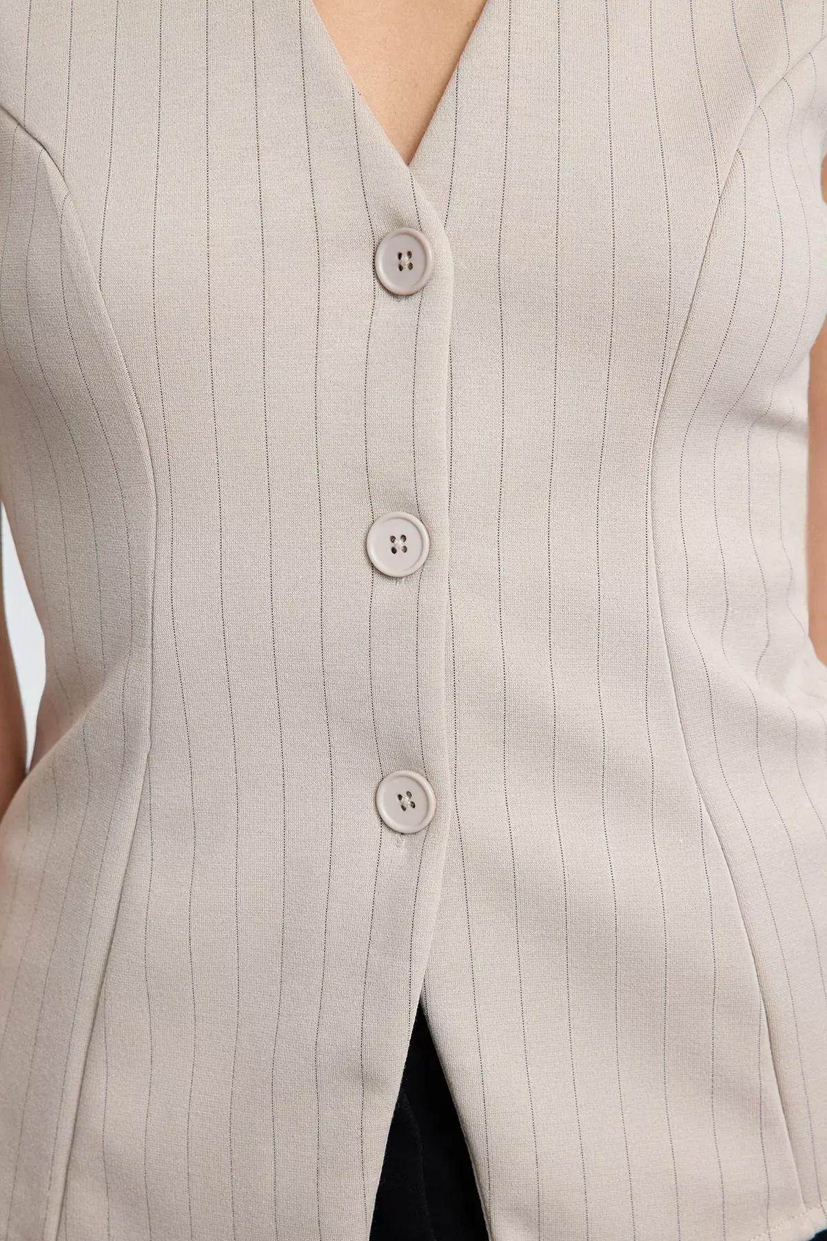 Mink Striped Regular/Normal Length V Neck Buttoned Flexible Knitted Vest TWOAW25YE00091, Mink, large image number 4