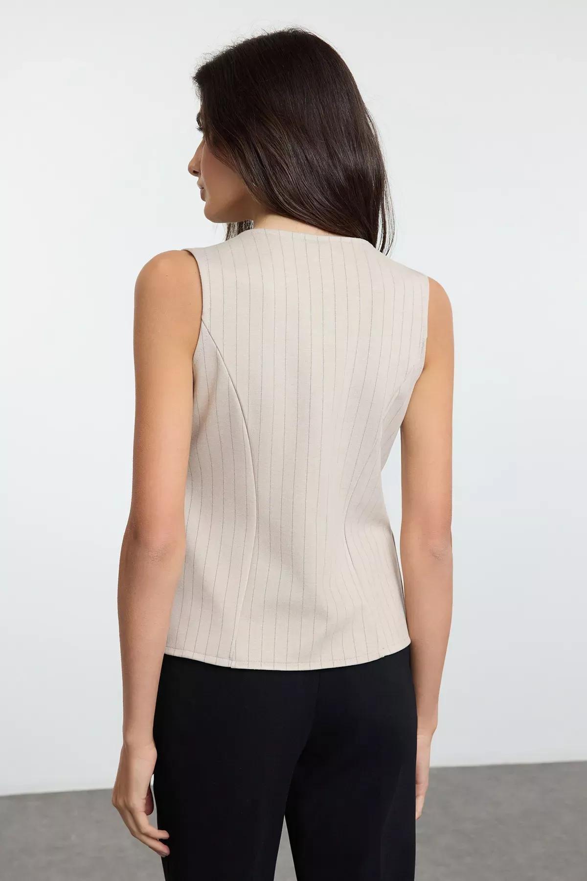 Mink Striped Regular/Normal Length V Neck Buttoned Flexible Knitted Vest TWOAW25YE00091, Mink, large image number 5