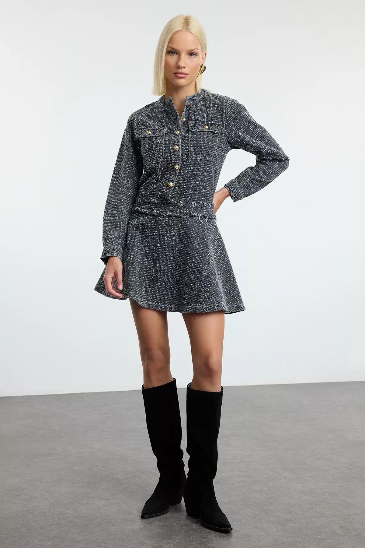 Grey Detailed Denim Dress, Grey, large image number 0