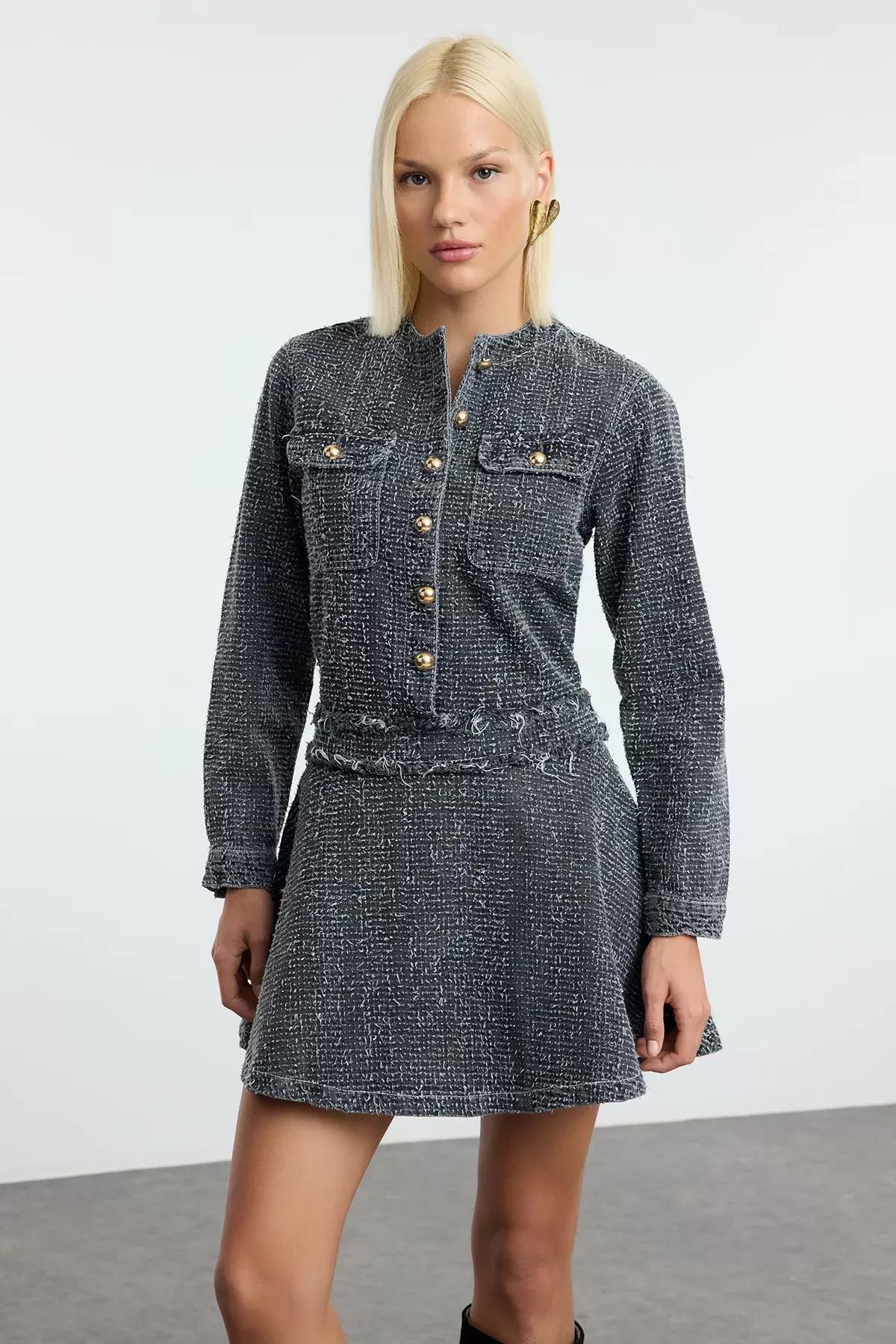 Grey Detailed Denim Dress, Grey, large image number 1
