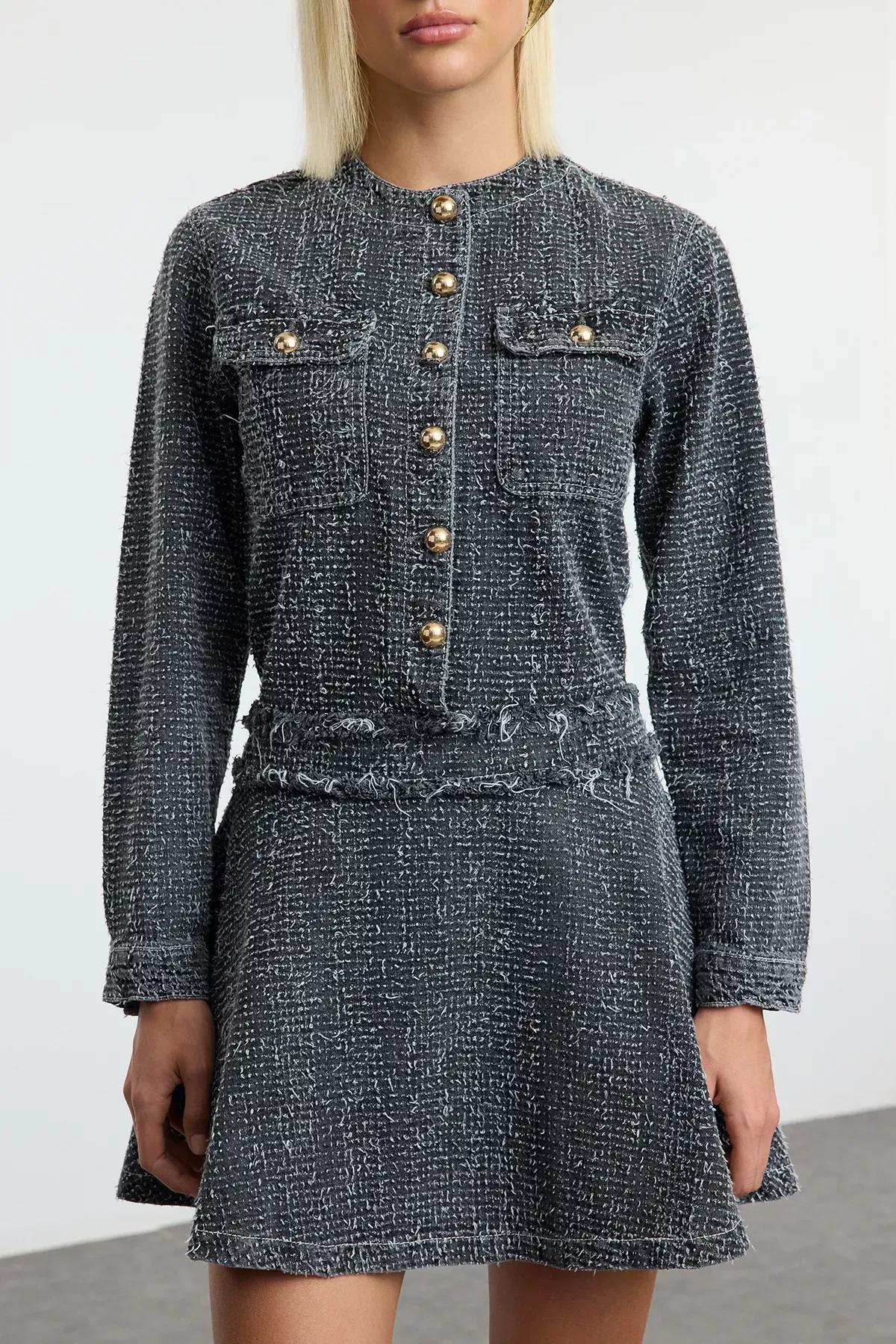 Grey Detailed Denim Dress, Grey, large image number 2
