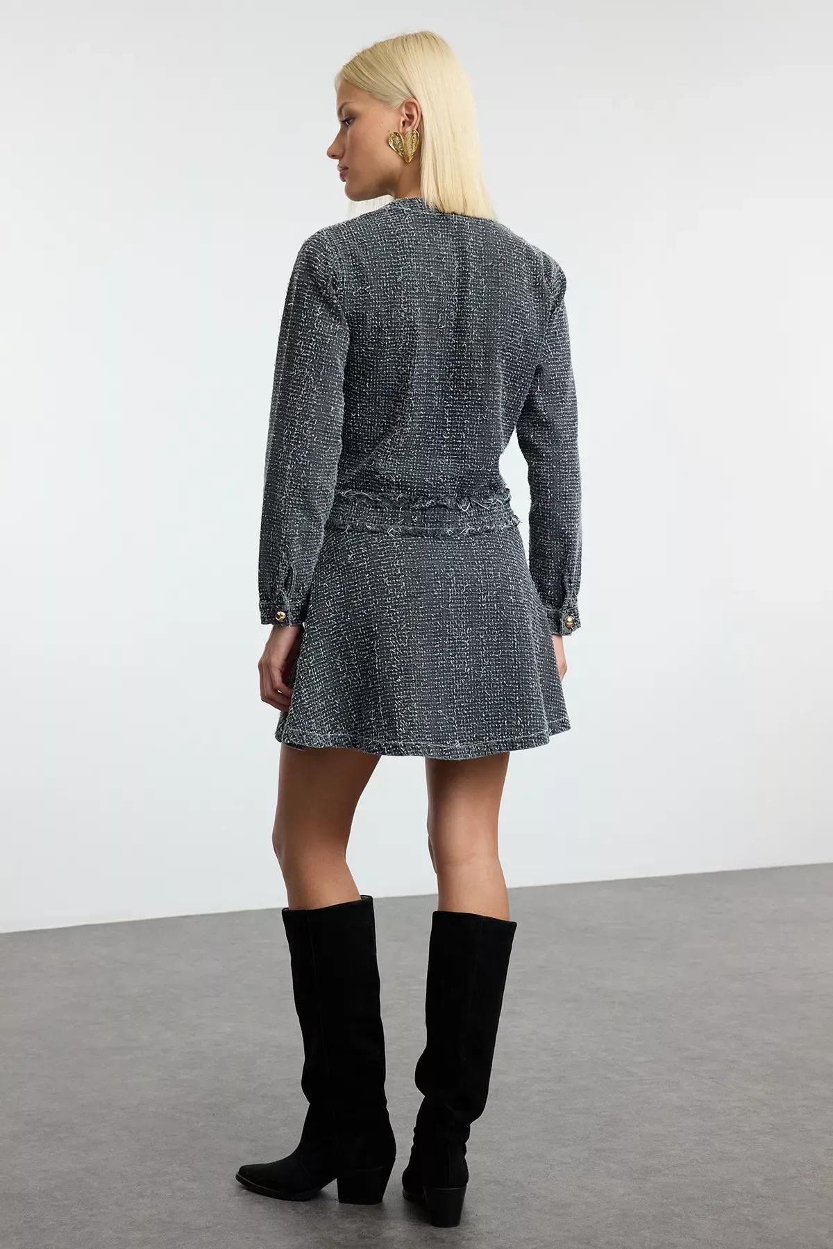 Grey Detailed Denim Dress, Grey, large image number 4