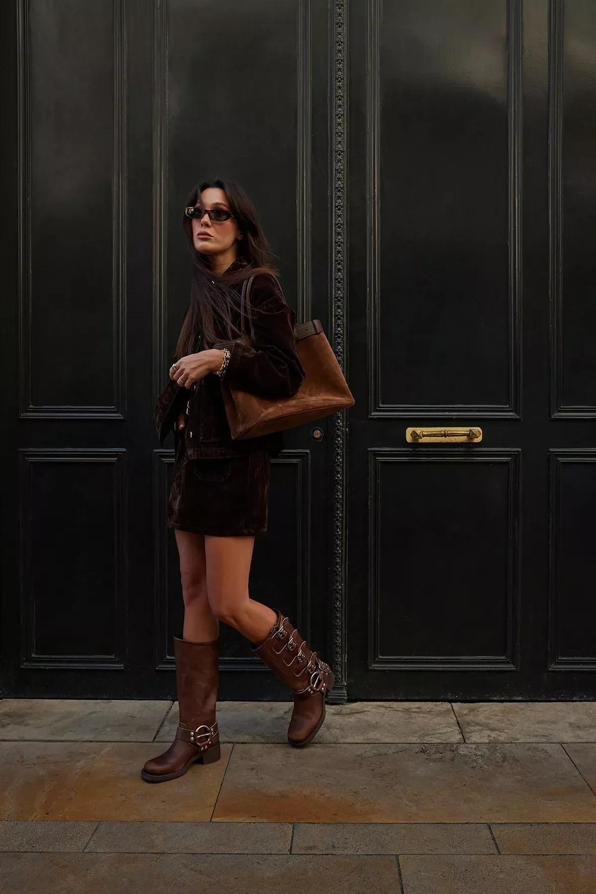 Brown Suede Mini Denim Skirt, Brown, medium