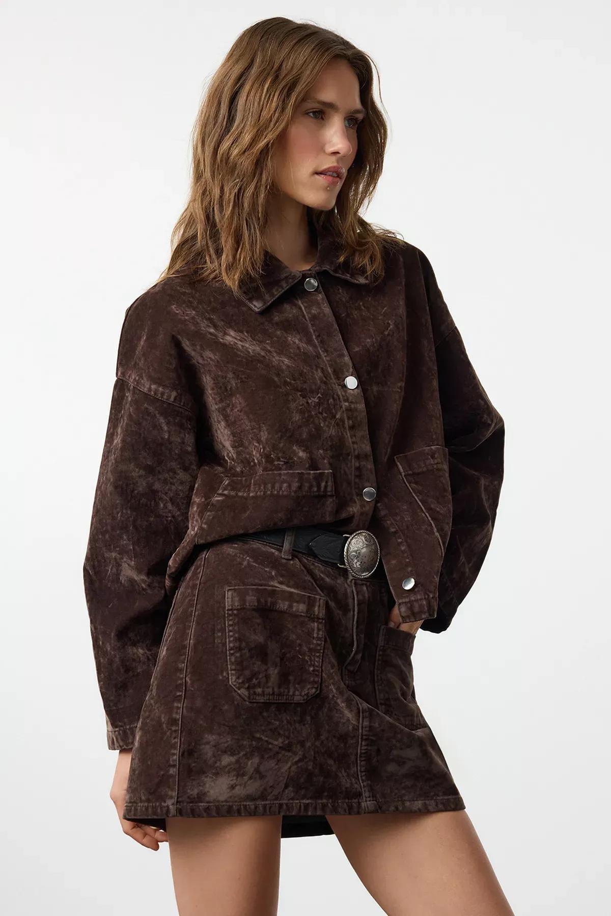 Brown Suede Mini Denim Skirt, Brown, medium