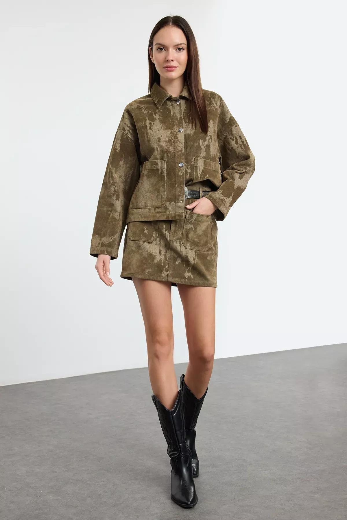 Green Suede Mini Denim Skirt, Khaki, medium