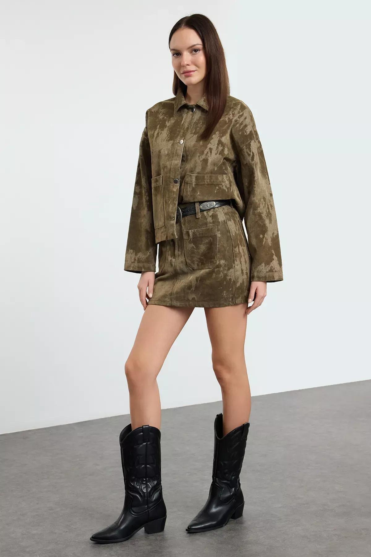 Green Suede Mini Denim Skirt, Khaki, medium