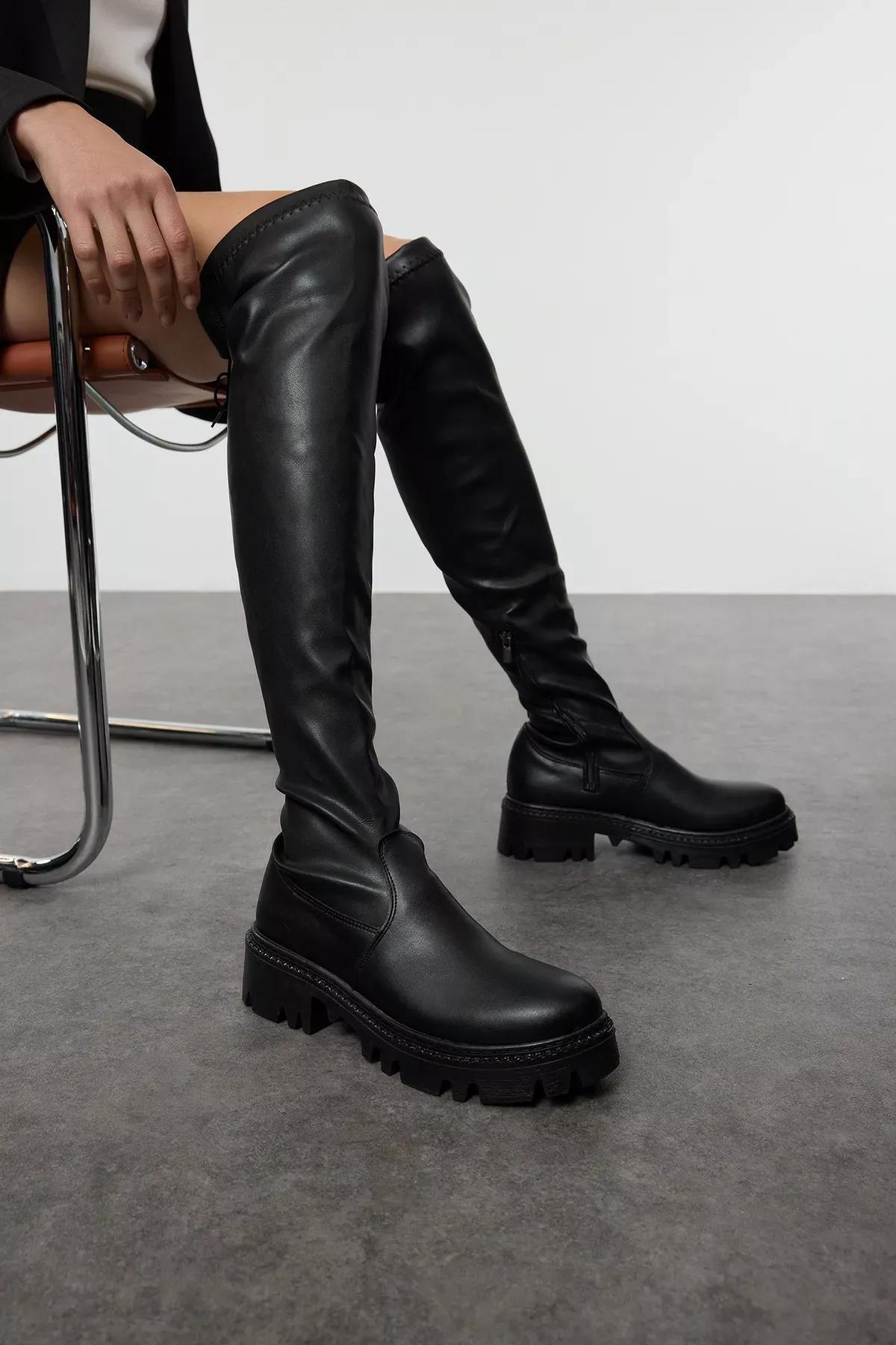 Black Over-Knee Chunky Boots, BLACK, medium