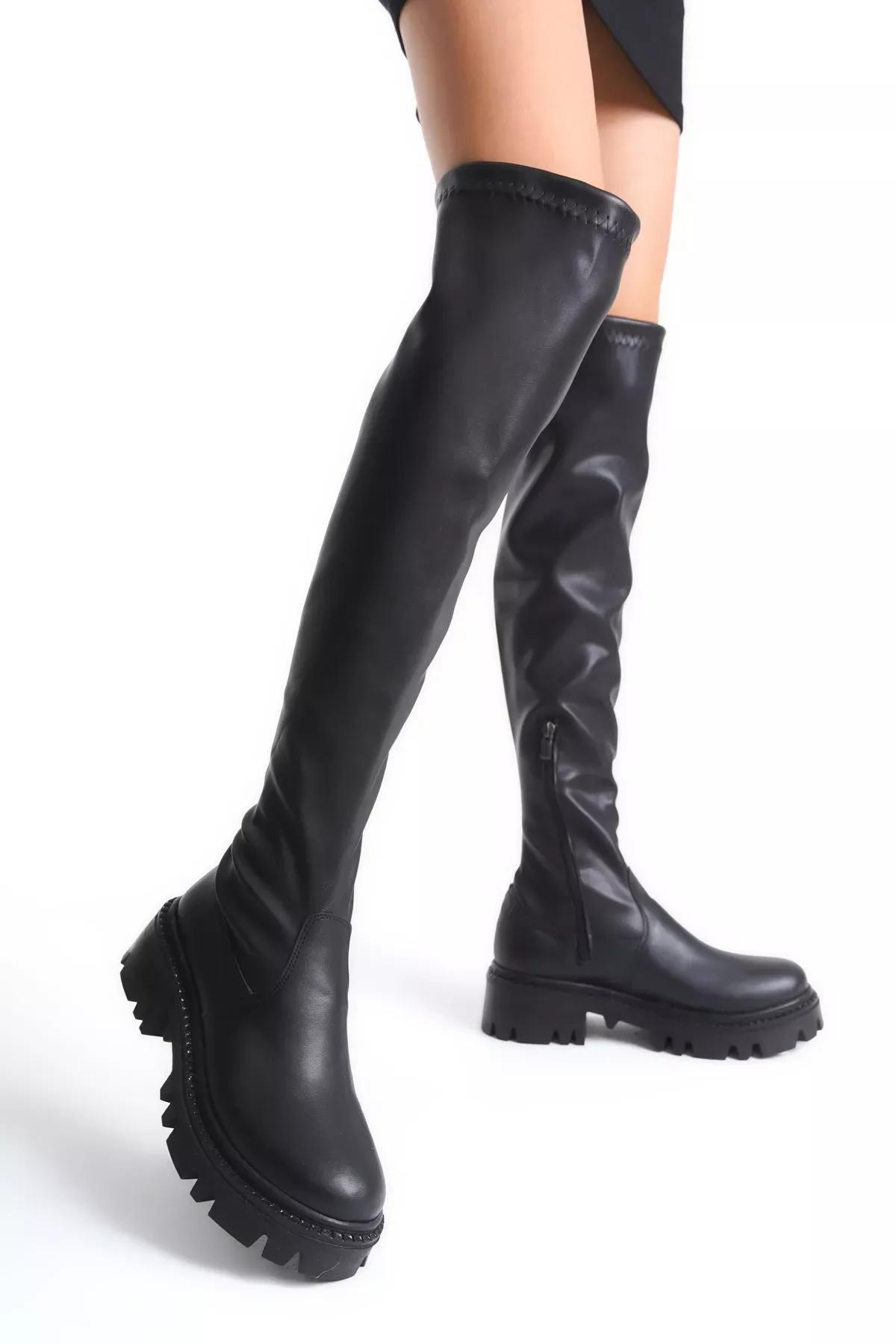 Black Over-Knee Chunky Boots, BLACK, medium