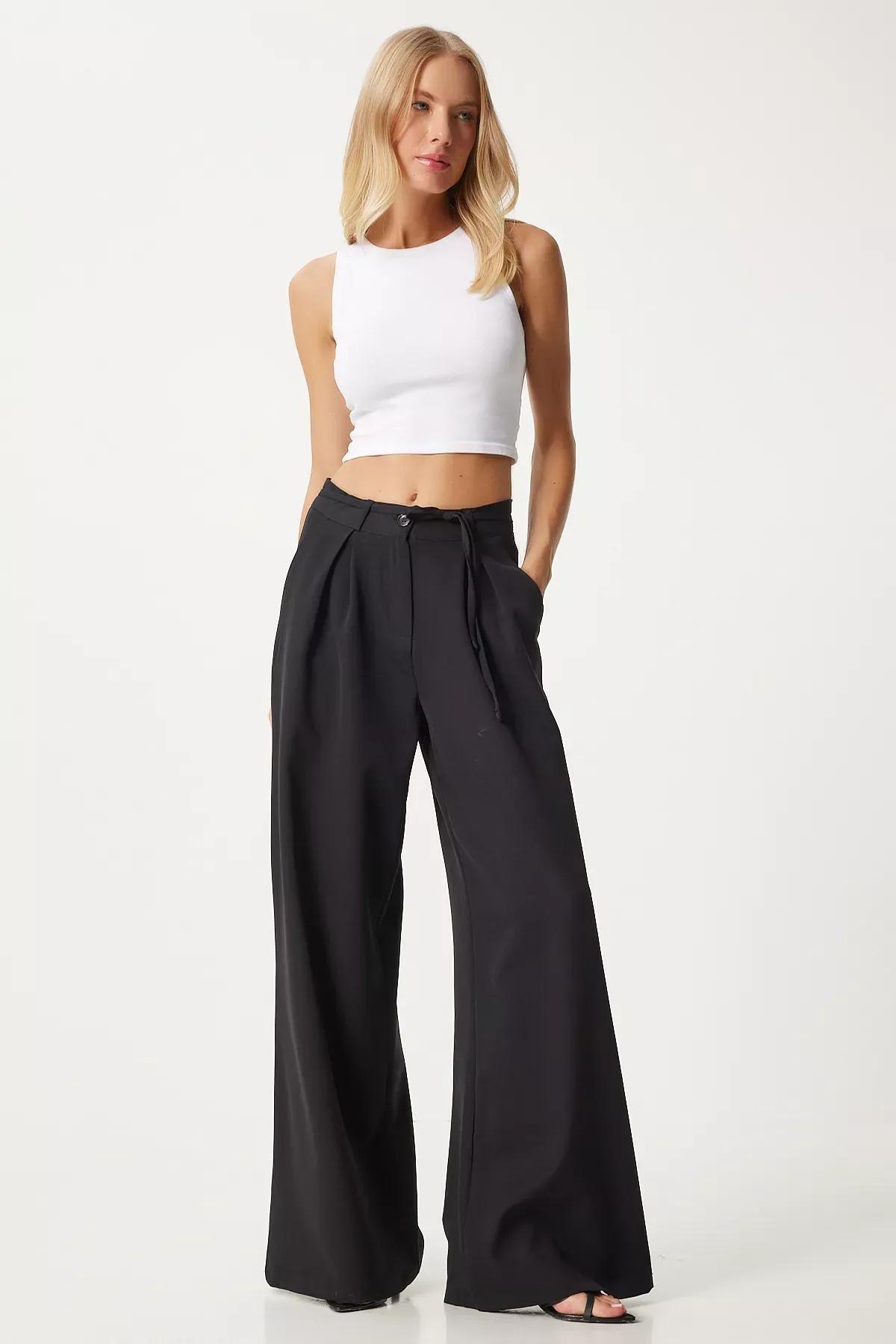 Black Belted Wide High-Waist Trousers, , large image number 0