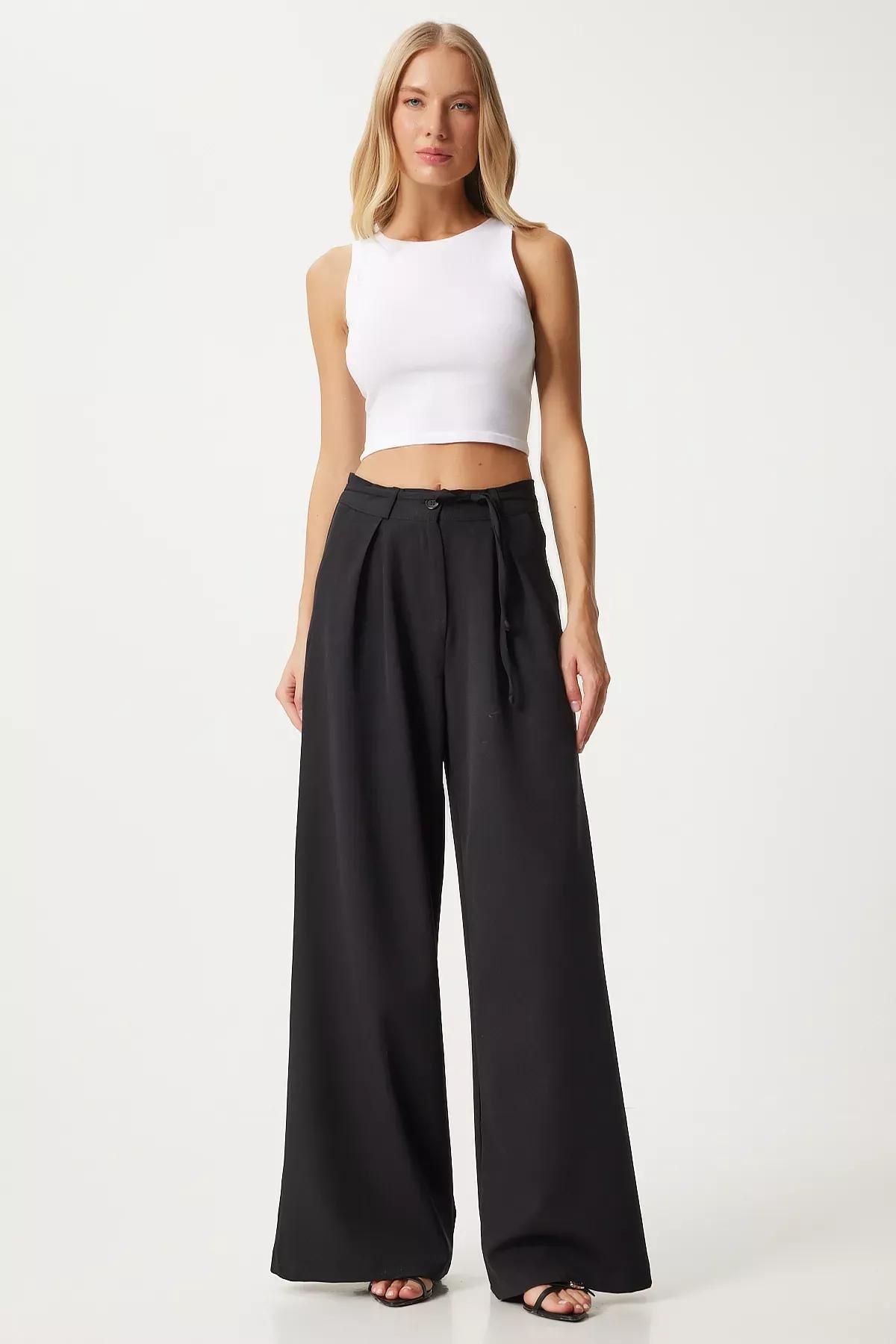 Black Belted Wide High-Waist Trousers, , large image number 1