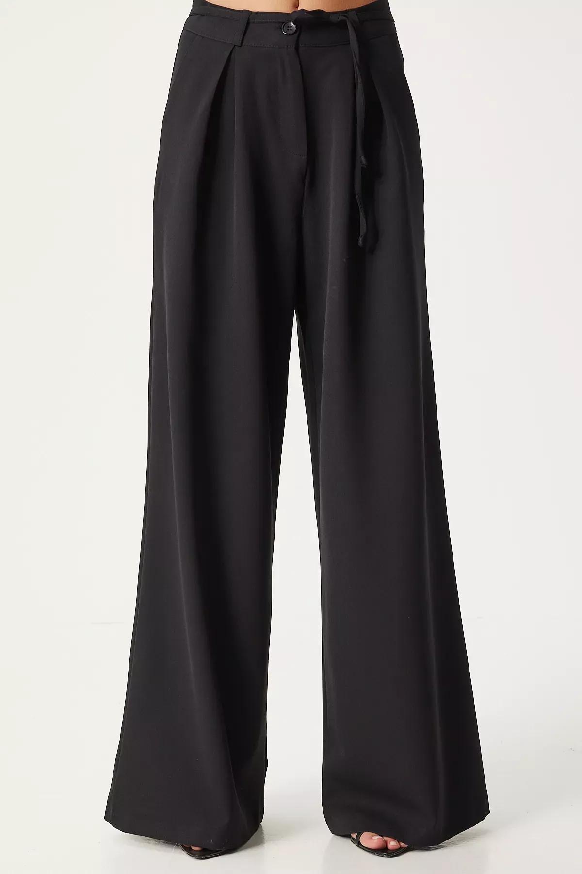 Black Belted Wide High-Waist Trousers, , large image number 2