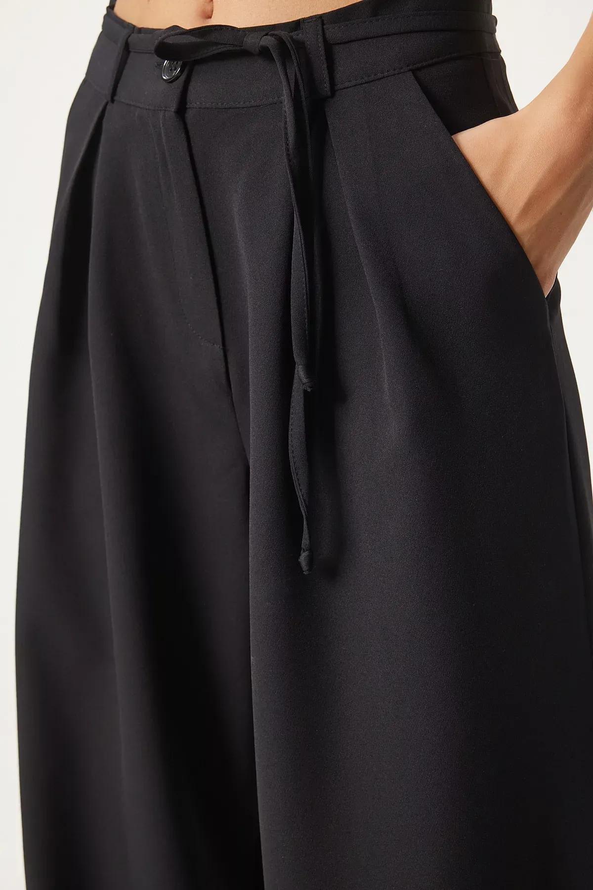 Black Belted Wide High-Waist Trousers, , large image number 3