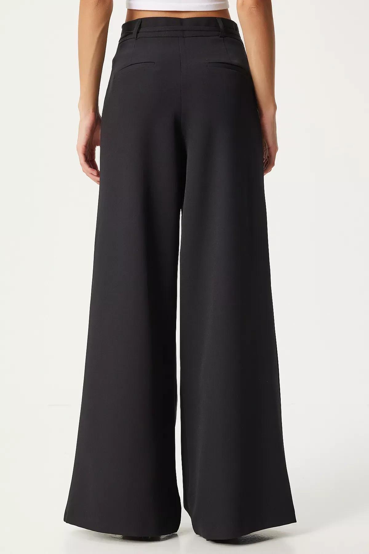 Black Belted Wide High-Waist Trousers, , large image number 4