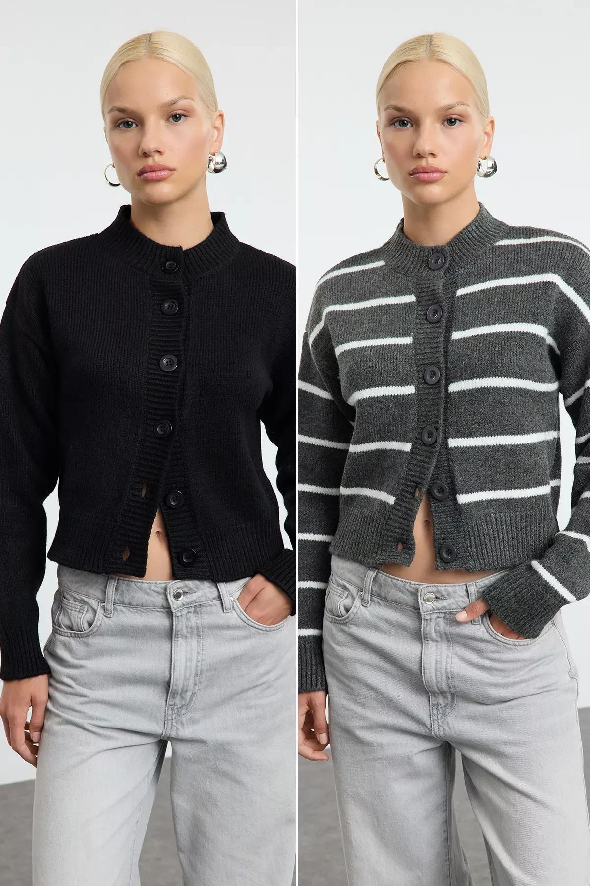 Black-Grey Knitted Cardigan, Set of 2, , large image number 0