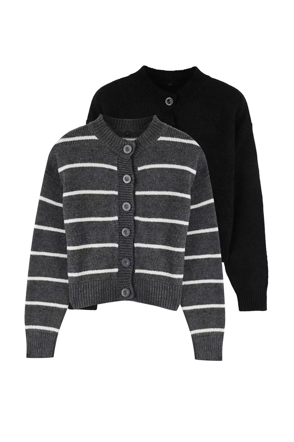 Black-Grey Knitted Cardigan, Set of 2, , large image number 5