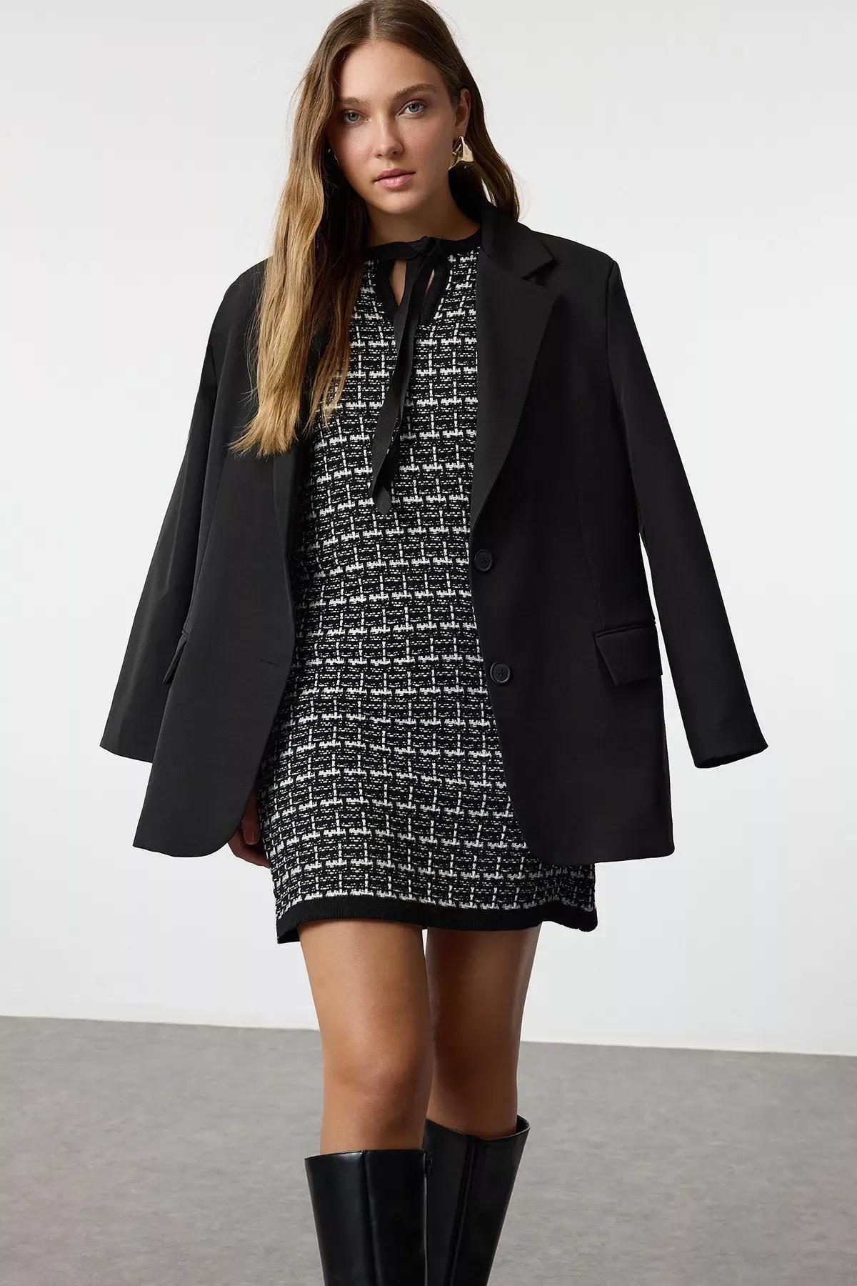 Black Tweed Knitted Mini Dress, BLACK, large image number 0