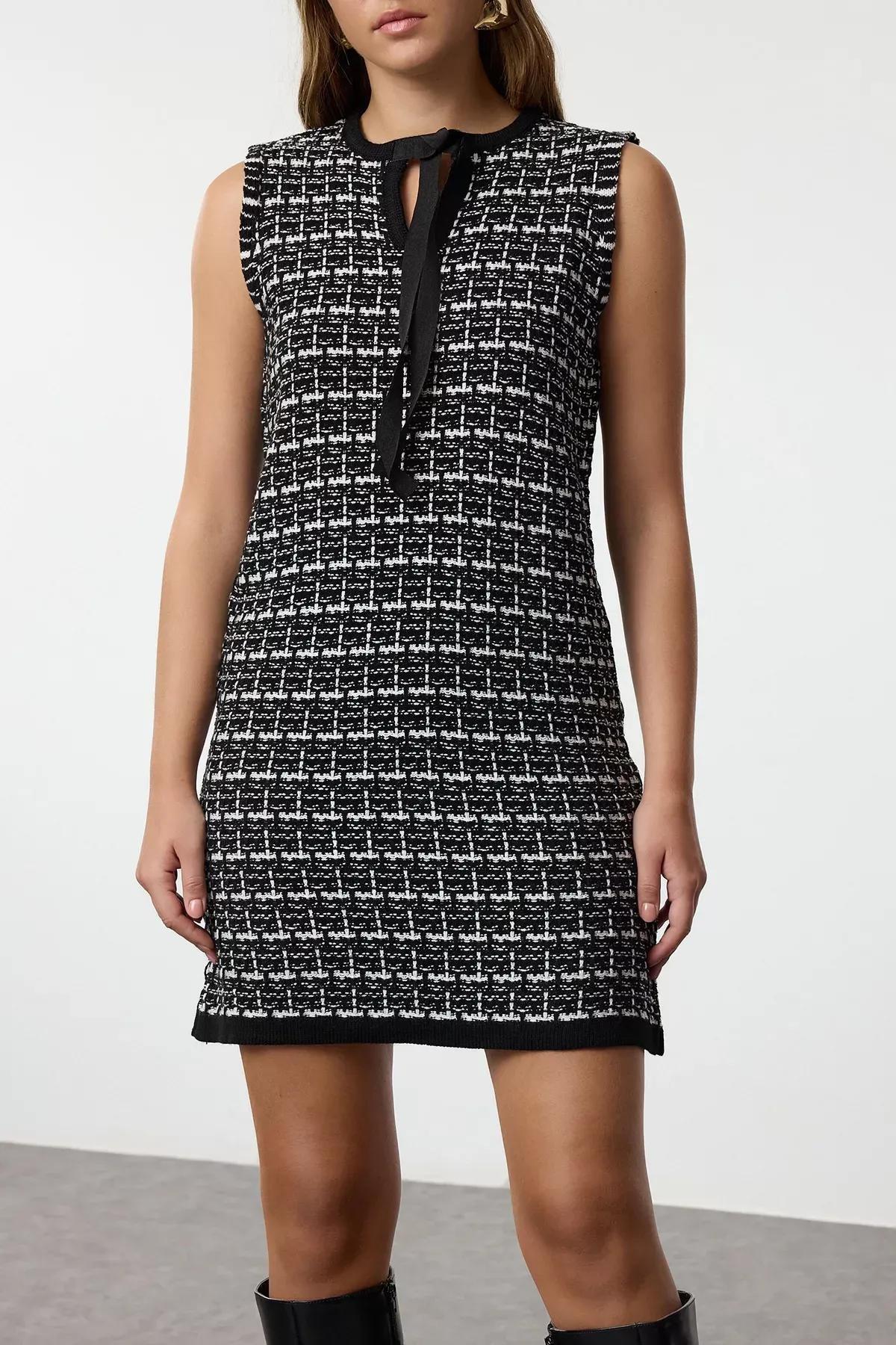 Black Tweed Knitted Mini Dress, BLACK, large image number 3