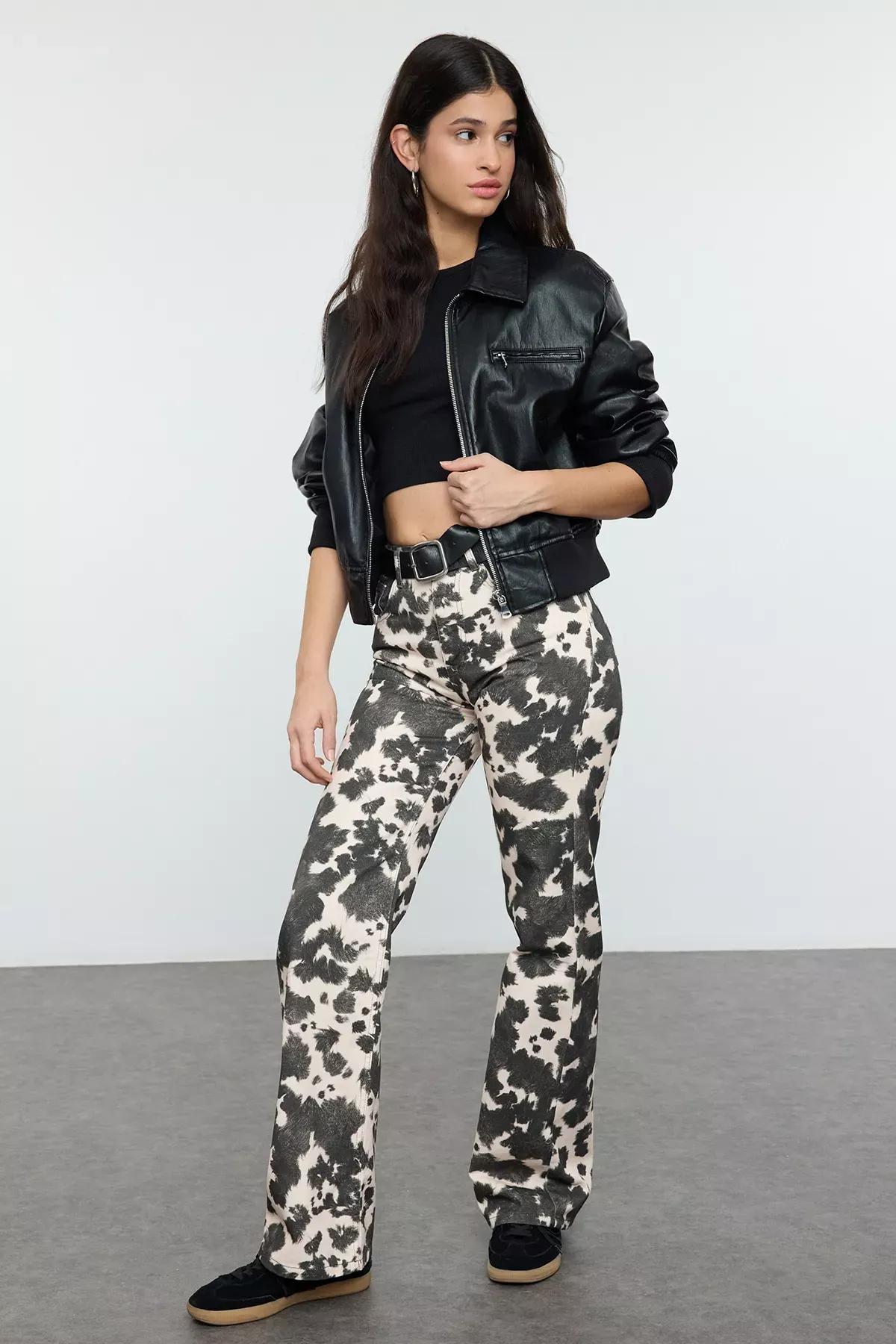 Brown Cow Print Wide Leg Jeans, , large image number 0