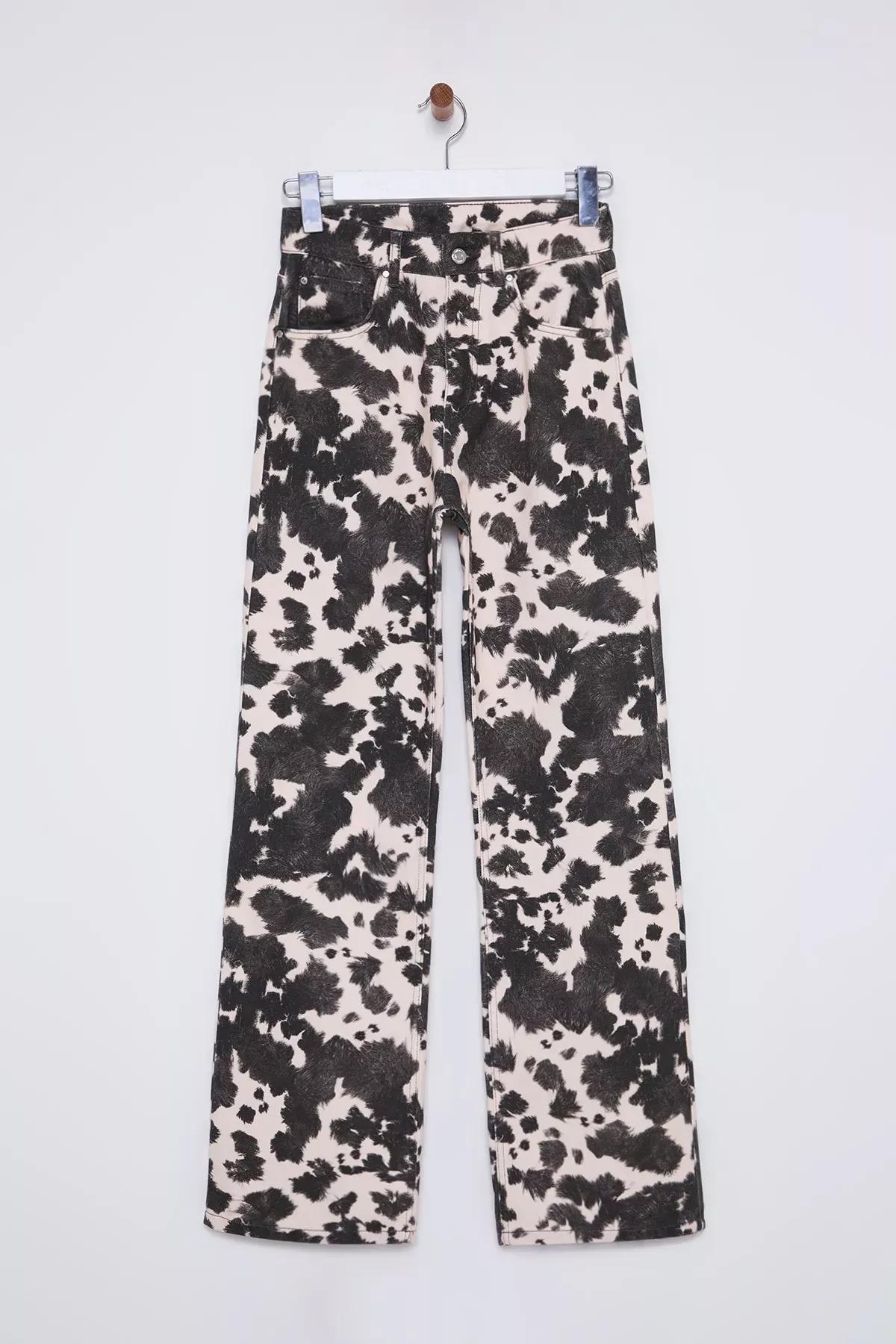 Brown Cow Print Wide Leg Jeans, , large image number 1
