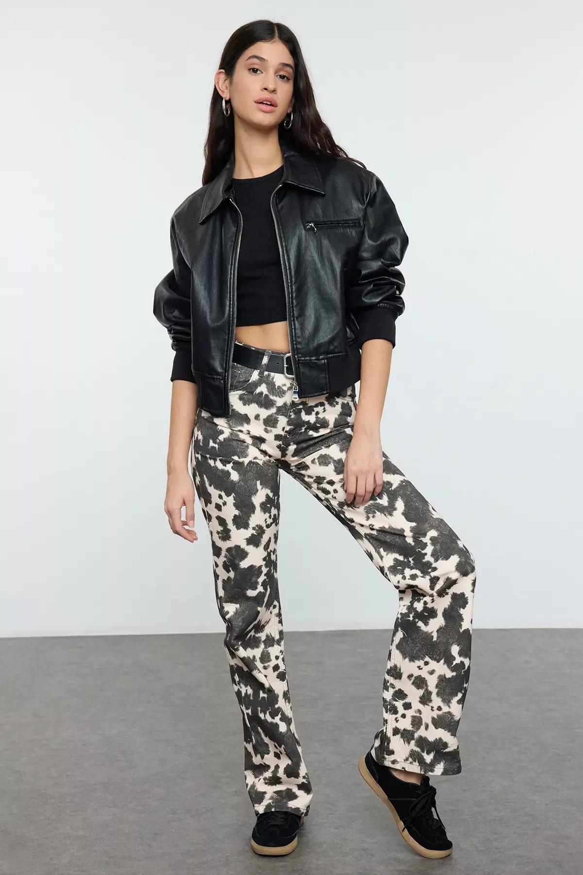 Brown Cow Print Wide Leg Jeans, , large image number 1