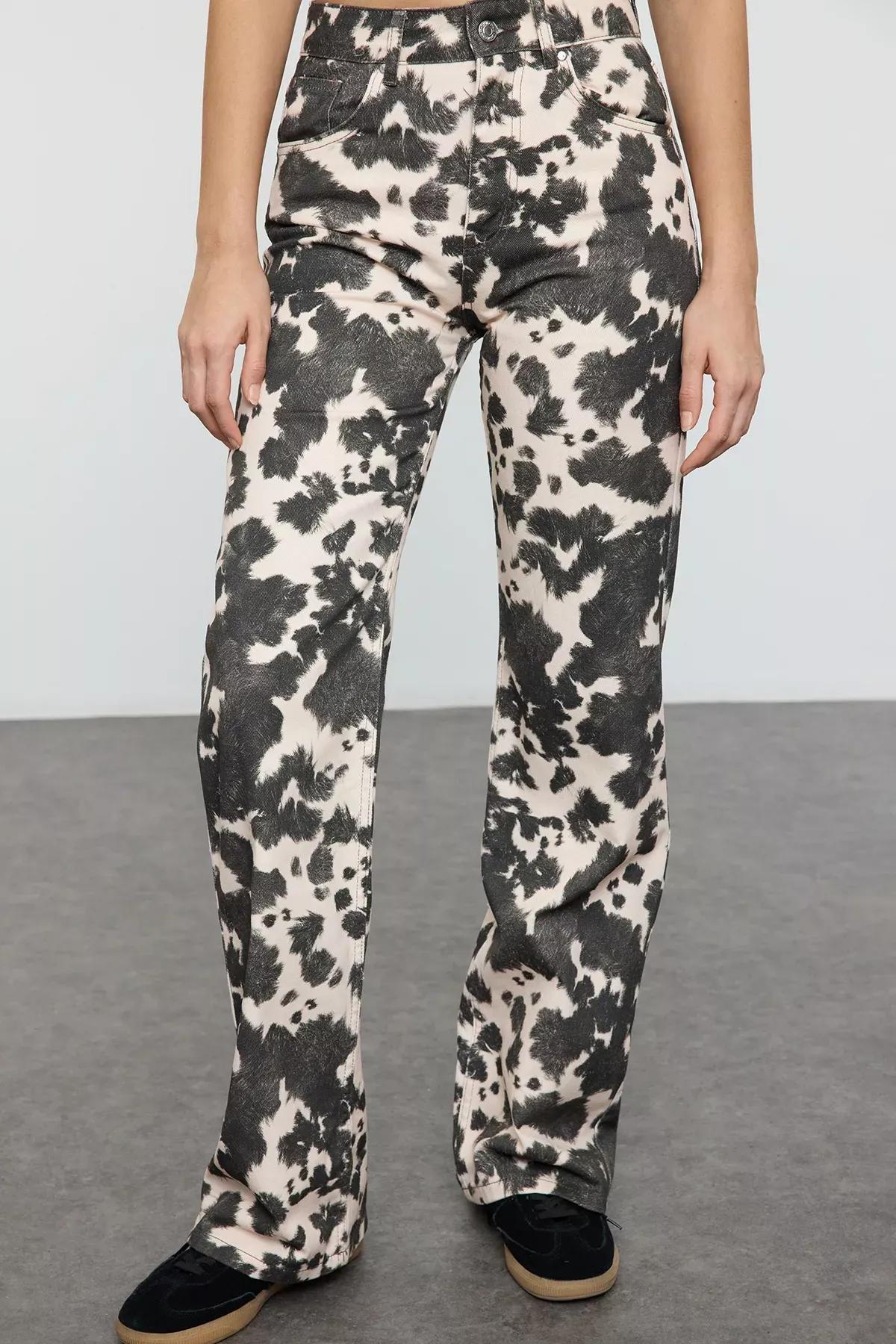 Brown Cow Print Wide Leg Jeans, , large image number 2